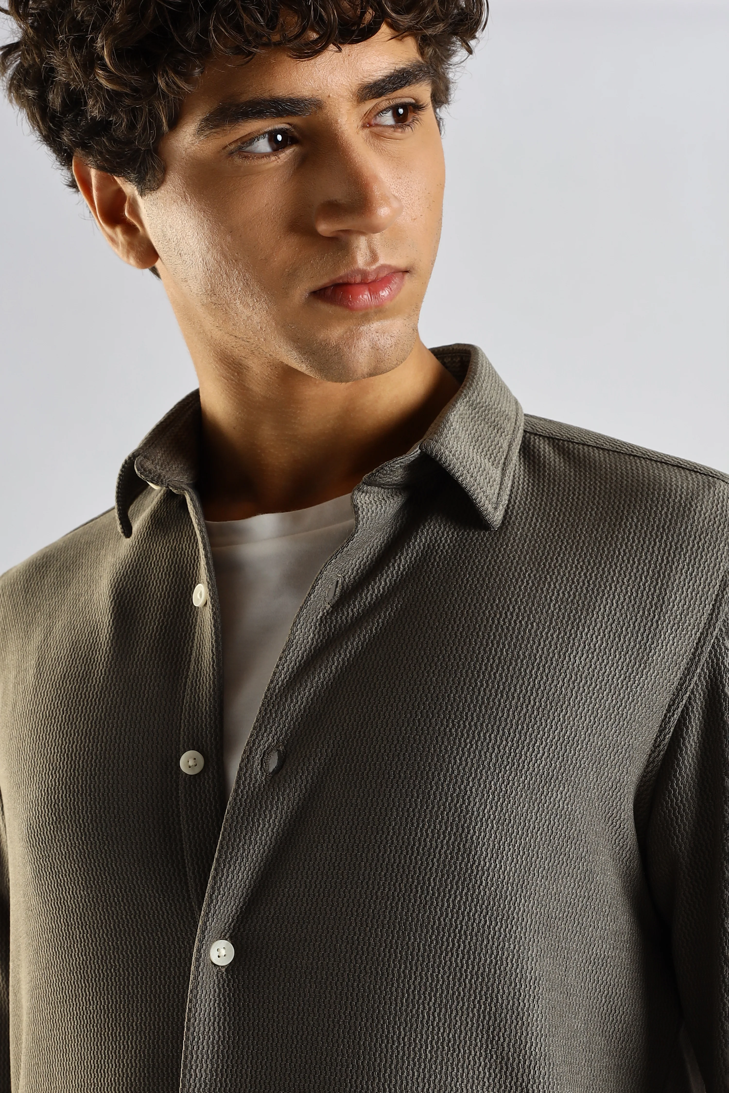 Men Olive Textured Spread Collar Shirt - Image 9