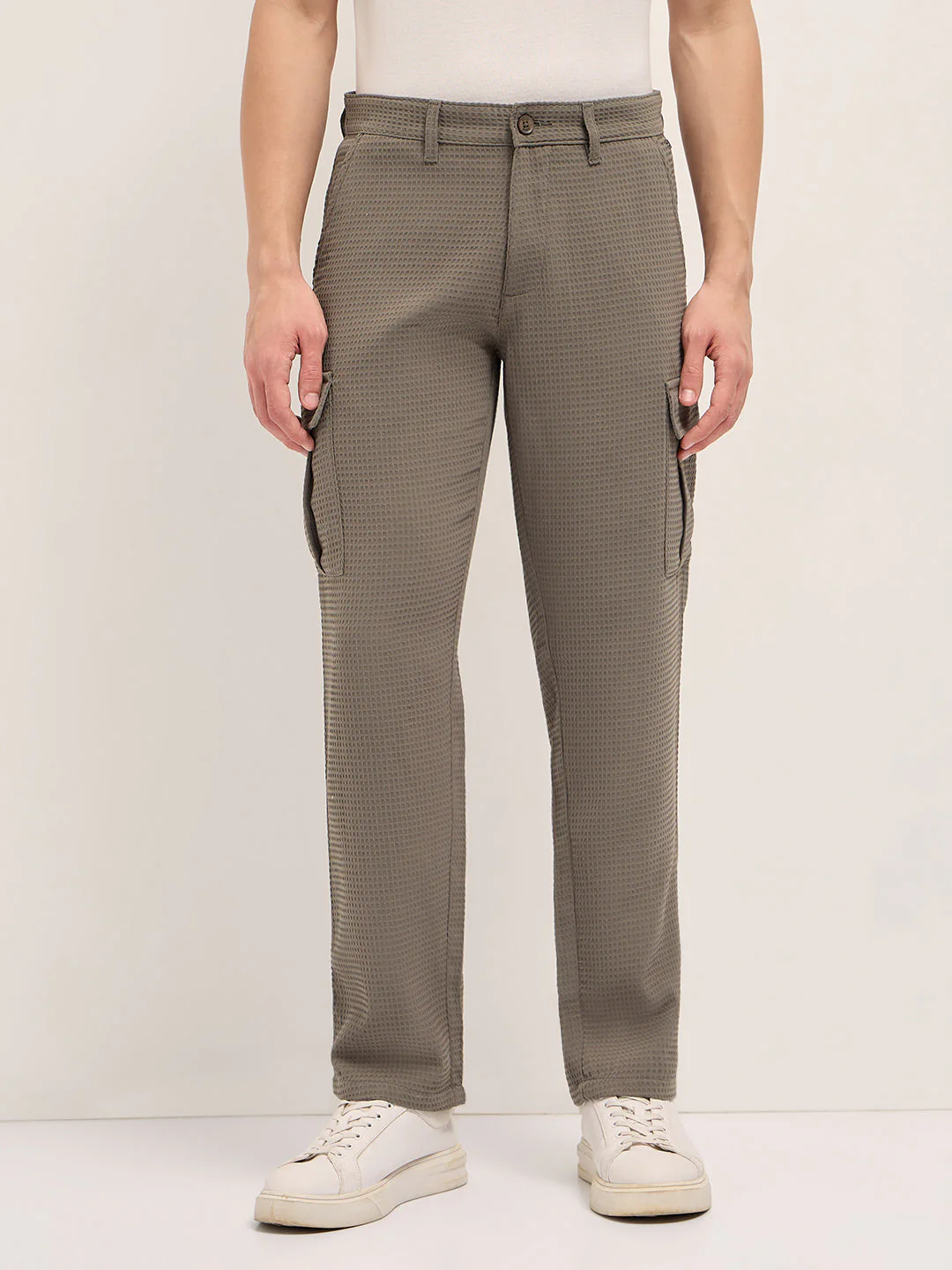 Men Olive Textured Waffle Weave Straight Fit Cargo Pants - Image 7