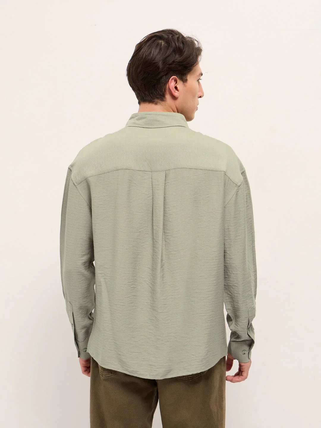 Men Olive Viscose Herringbone Design Relax Fit Casual shirt - Image 2