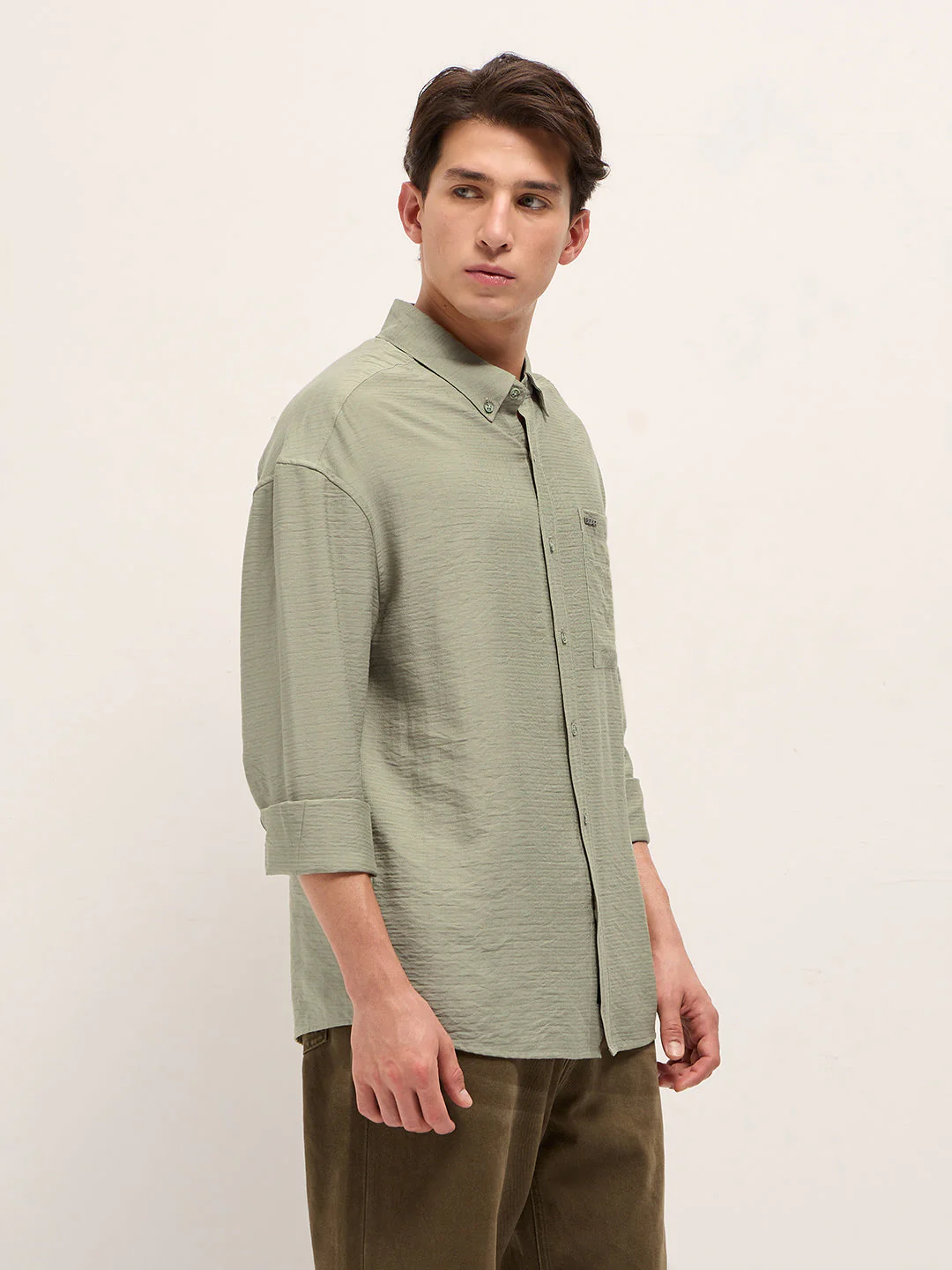 Men Olive Viscose Herringbone Design Relax Fit Casual shirt - Image 3