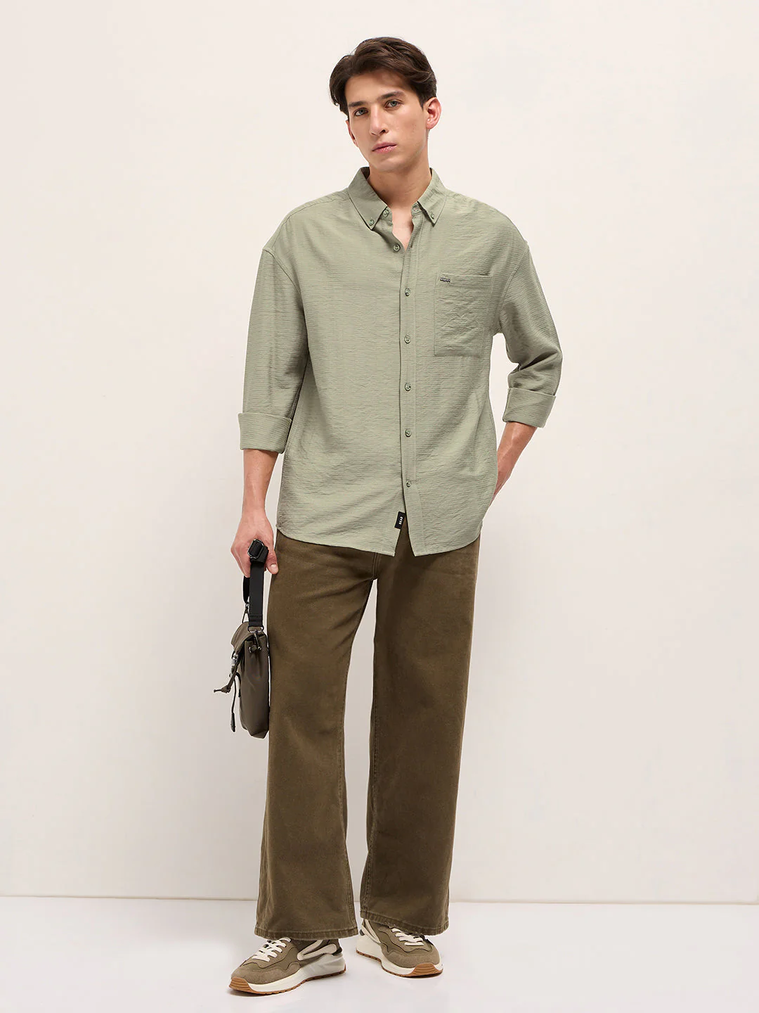 Men Olive Viscose Herringbone Design Relax Fit Casual shirt - Image 4