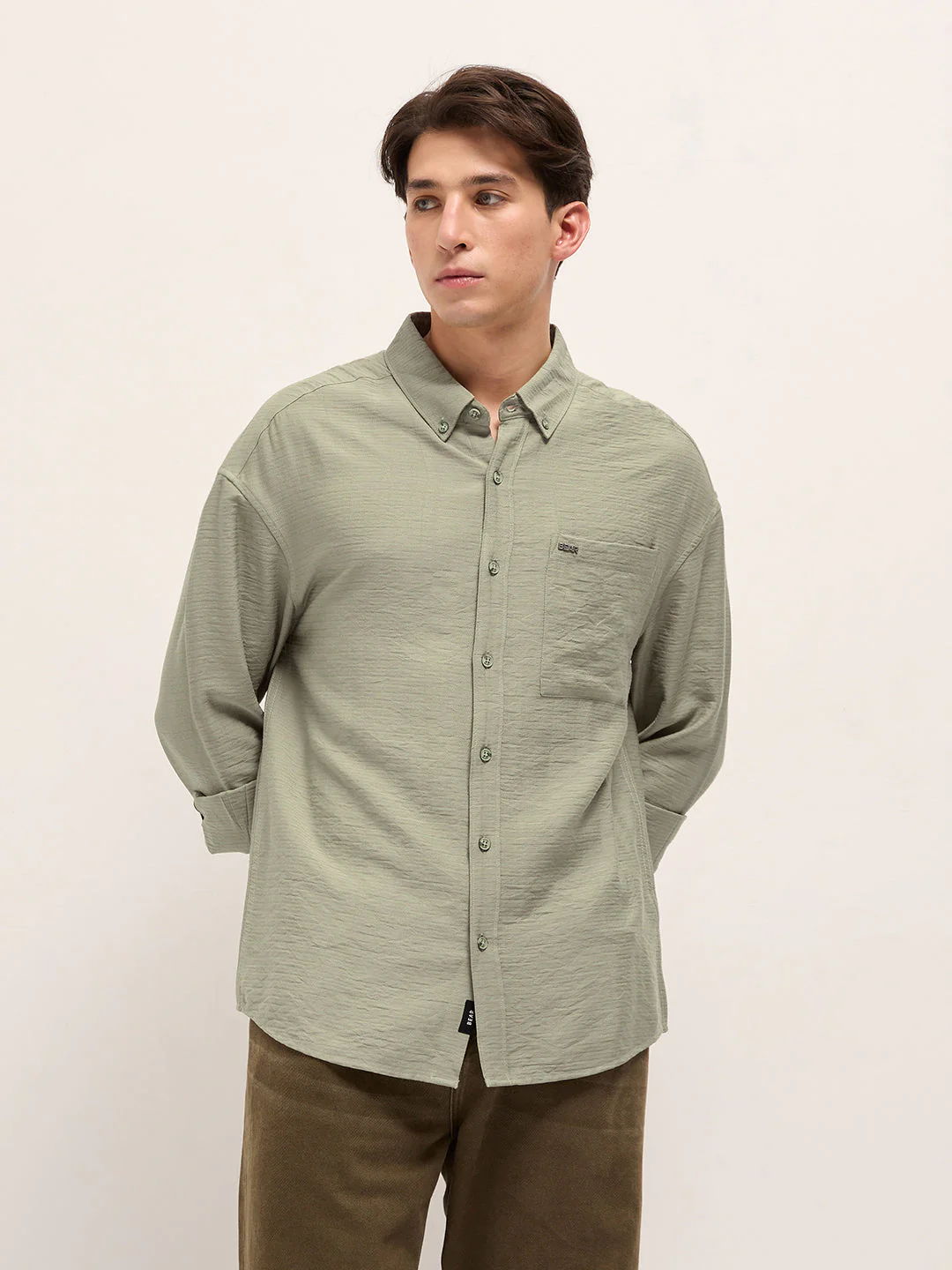 Men Olive Viscose Herringbone Design Relax Fit Casual shirt - Image 5