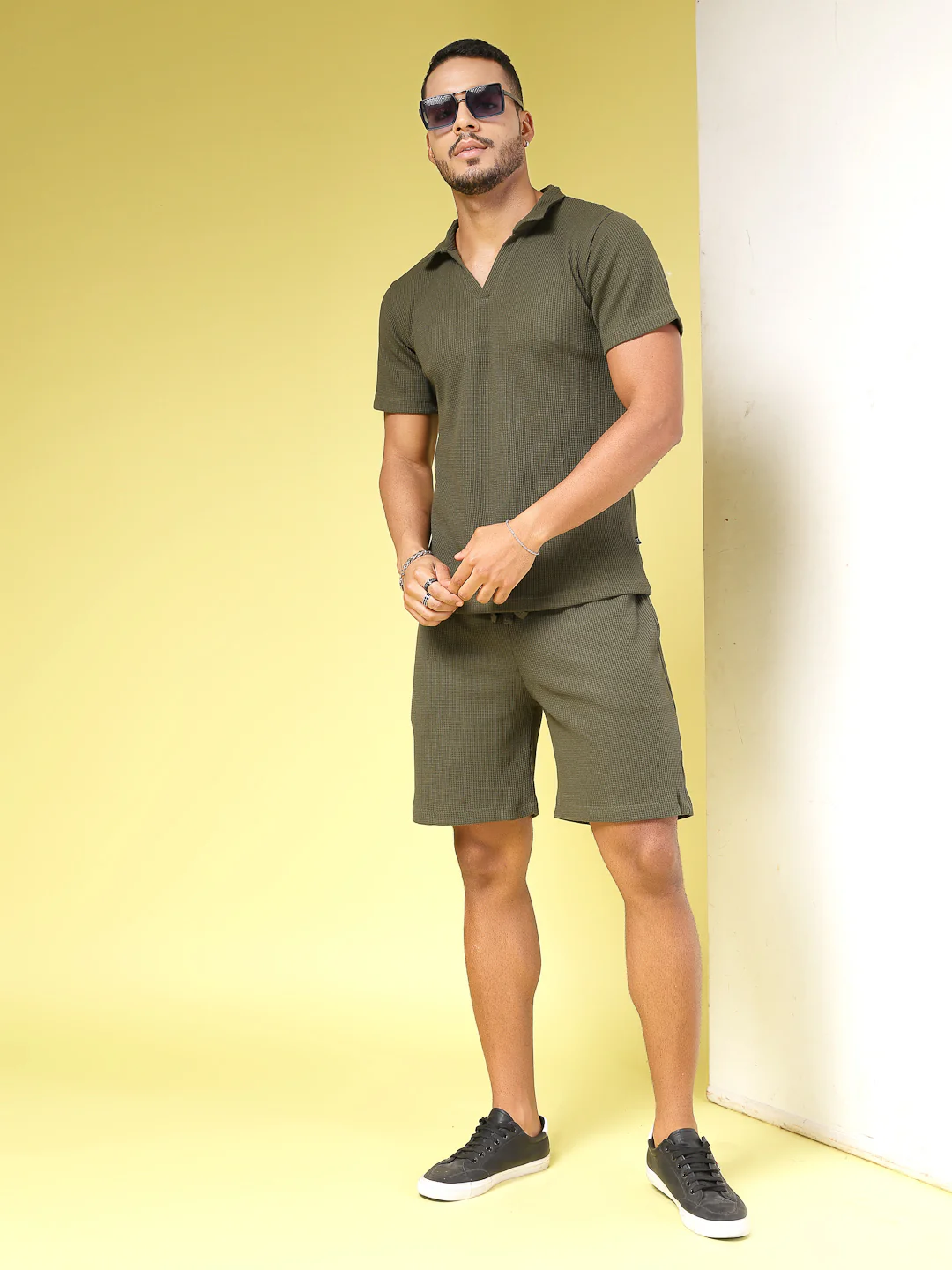 Men Olive Waffle Knit Co-Ords - Image 2