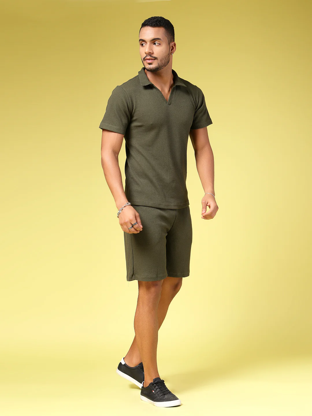 Men Olive Waffle Knit Co-Ords - Image 3