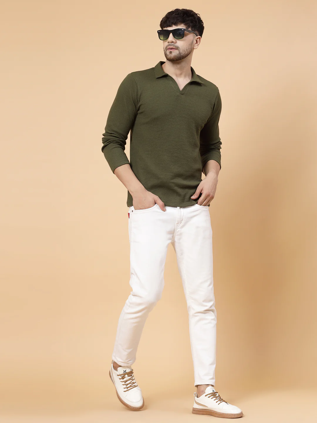 Men Olive Waffle Knit T-shirt - Image 3