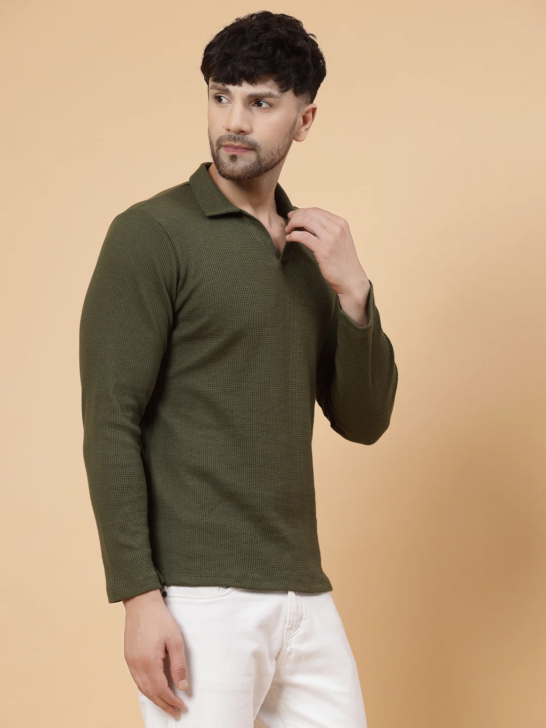 Men Olive Waffle Knit T-shirt - Image 4