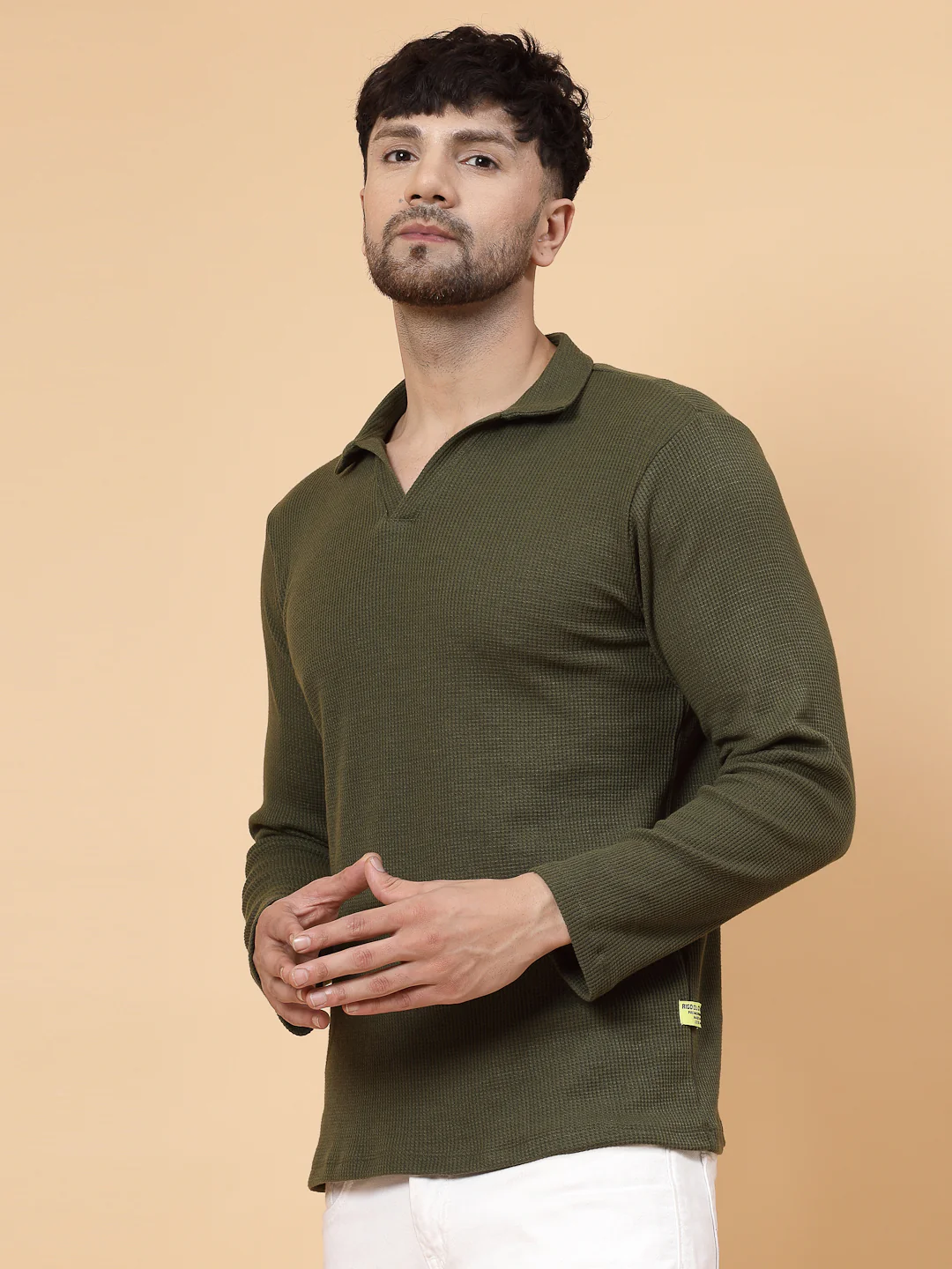 Men Olive Waffle Knit T-shirt - Image 5
