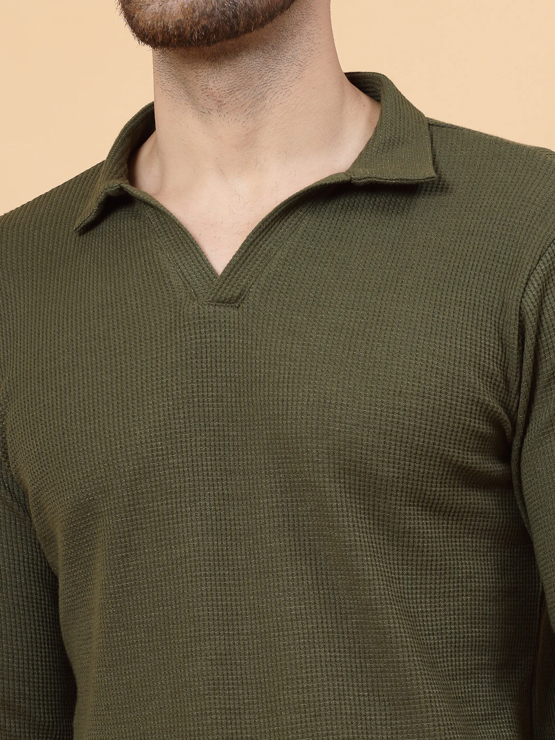 Men Olive Waffle Knit T-shirt - Image 6