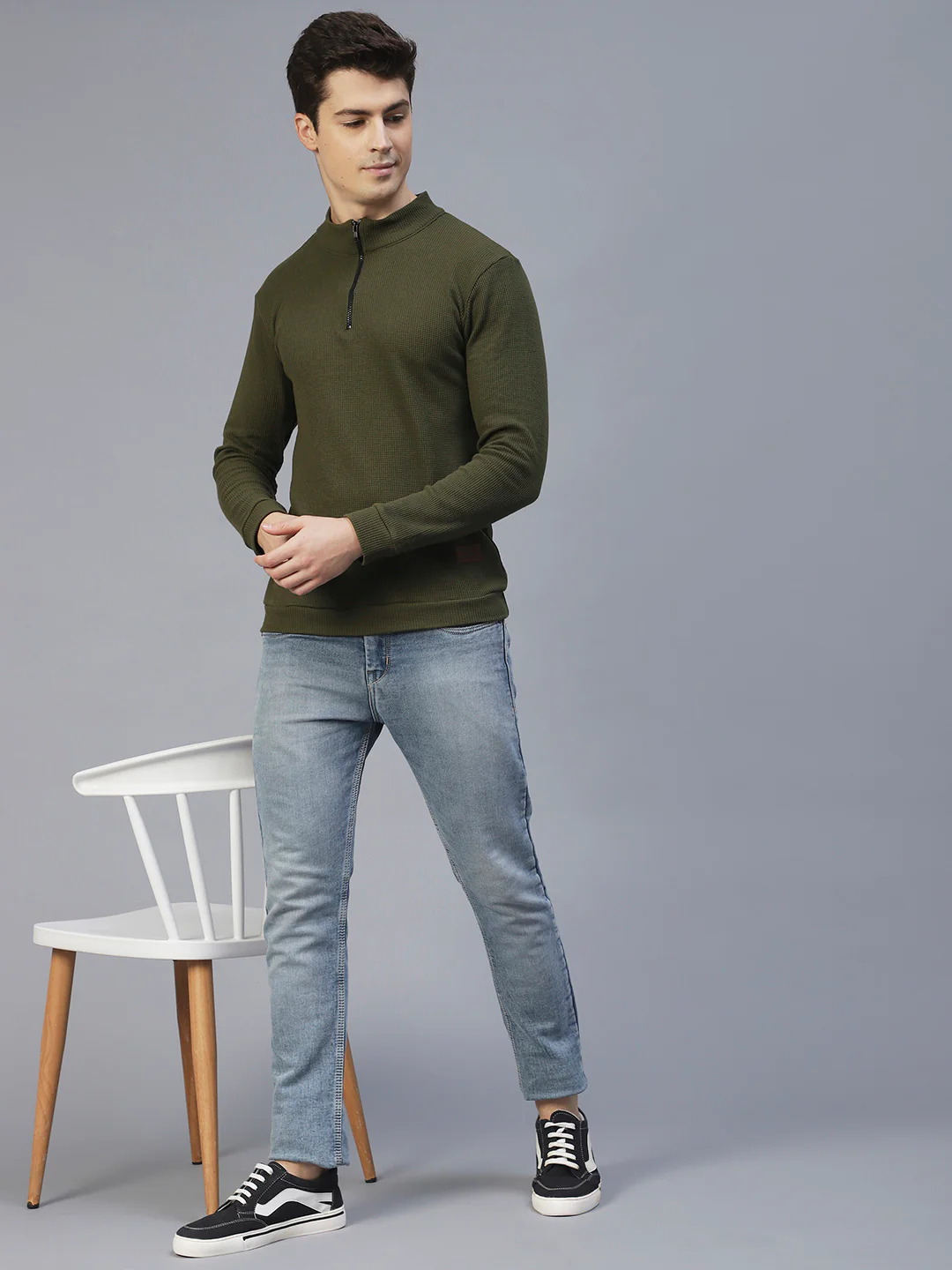Men Olive Waffle Knit T-shirt - Image 2