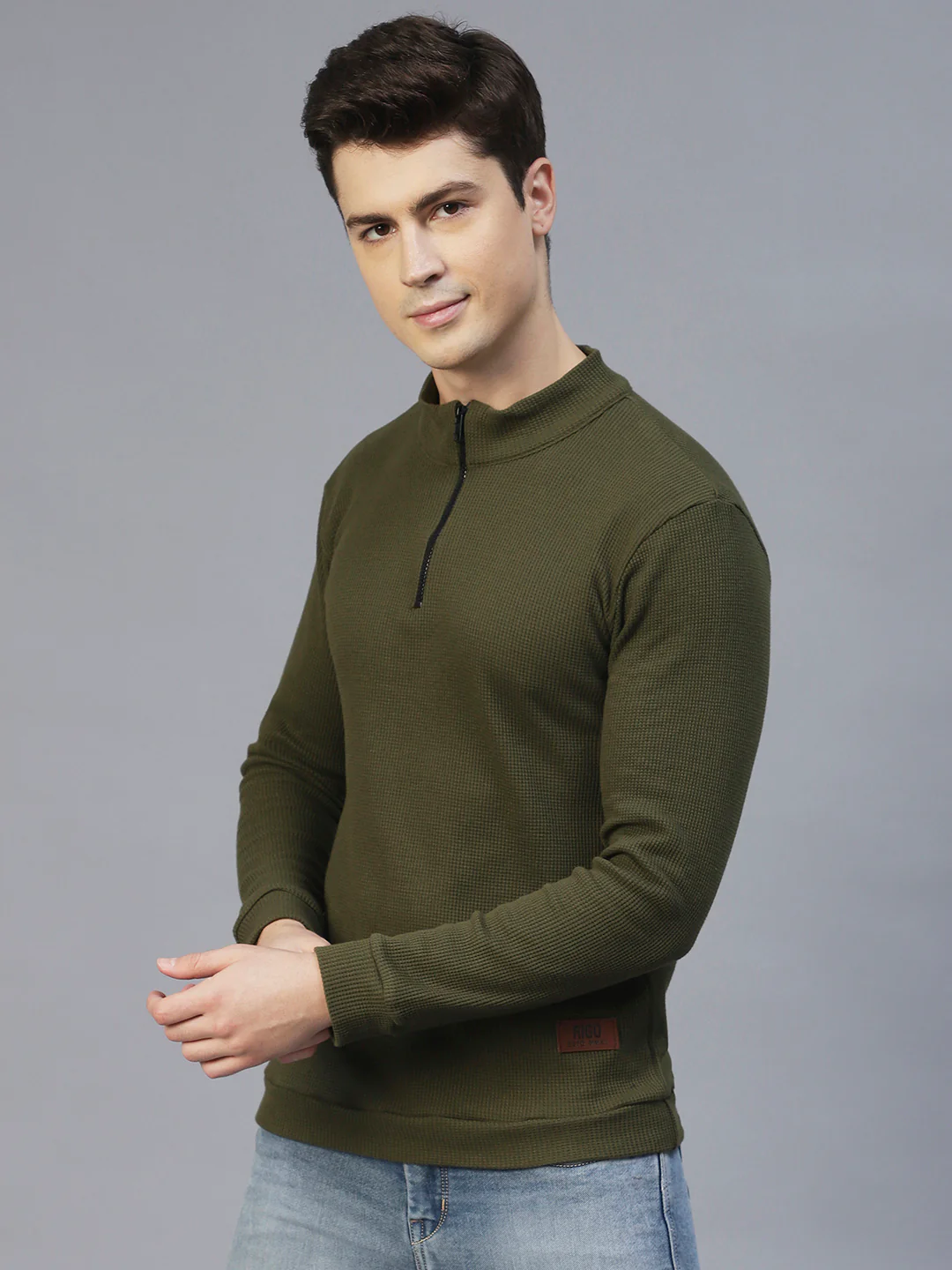 Men Olive Waffle Knit T-shirt - Image 4