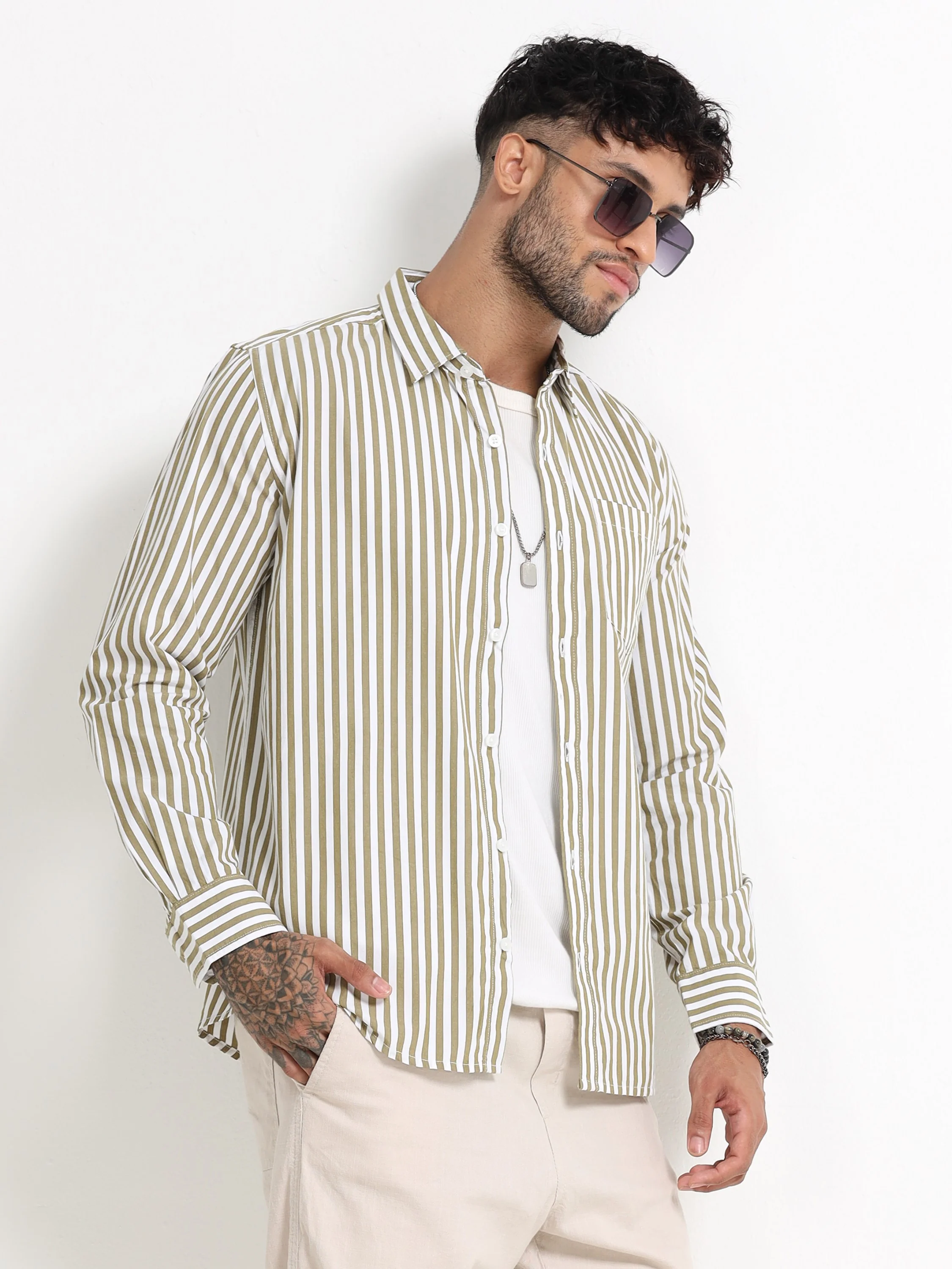 Men Olive & White Stripe Shirt - Image 2