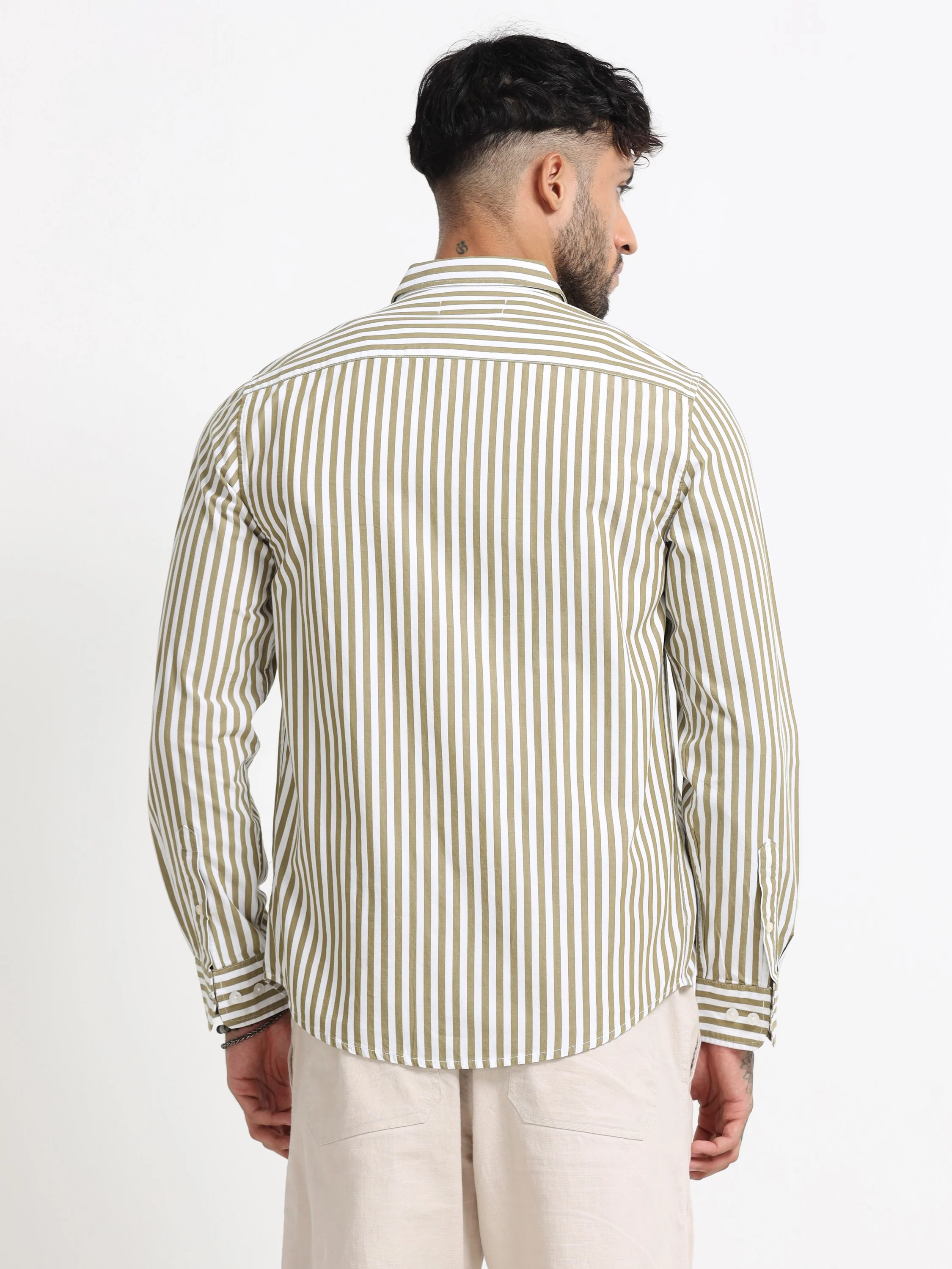 Men Olive & White Stripe Shirt - Image 3