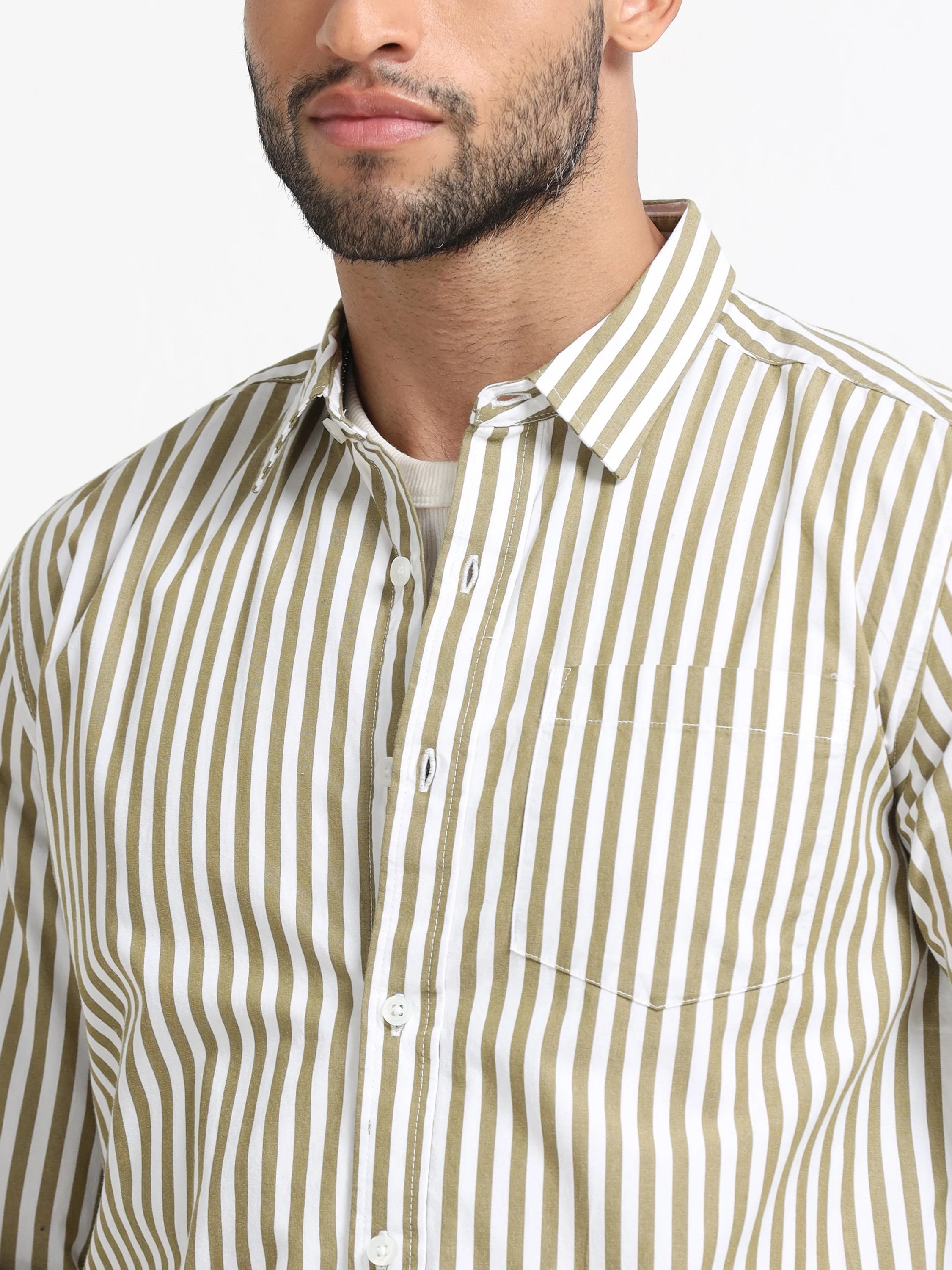 Men Olive & White Stripe Shirt - Image 5