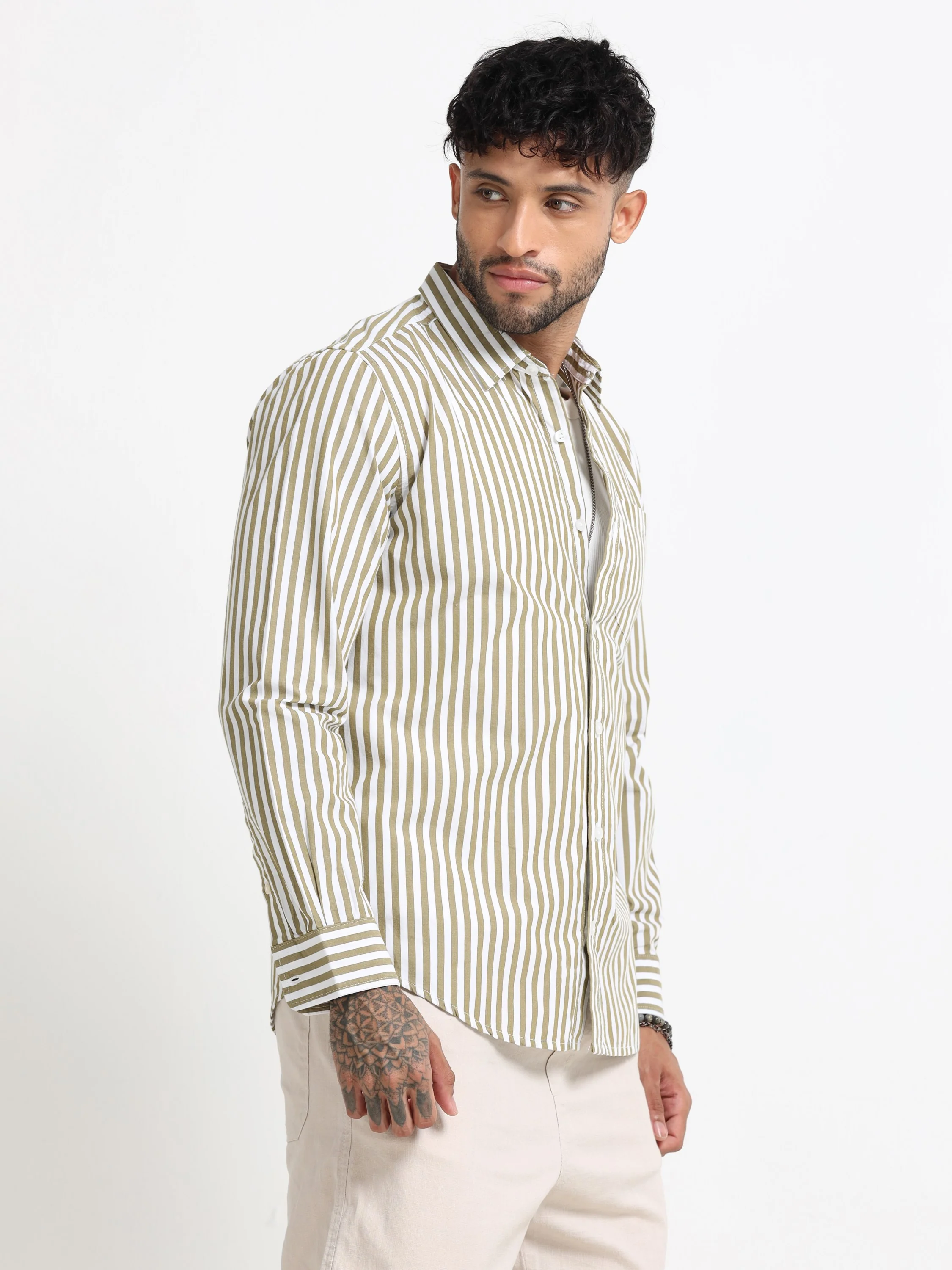 Men Olive & White Stripe Shirt - Image 6