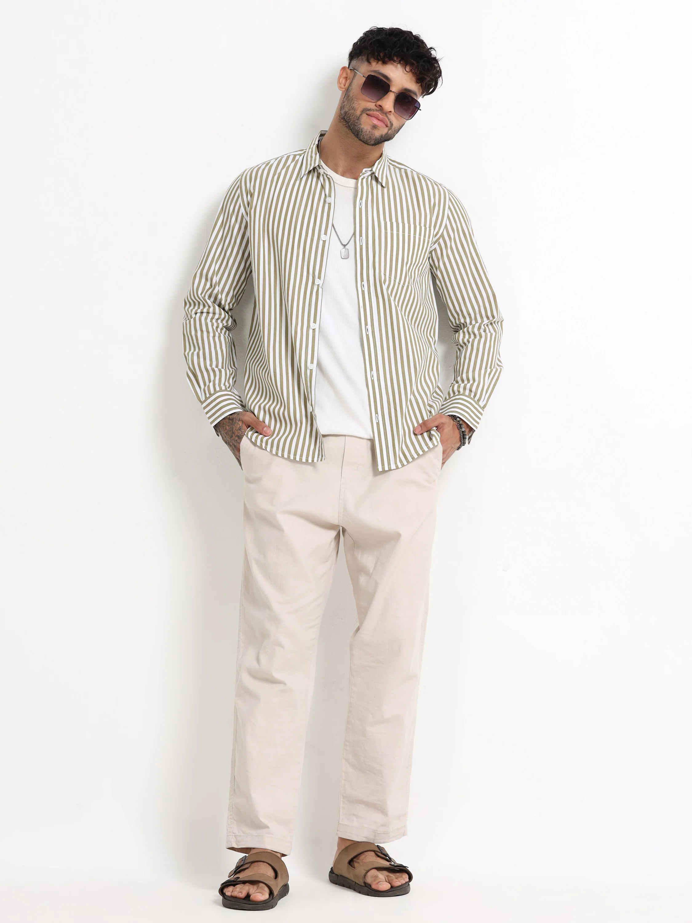 Men Olive & White Stripe Shirt - Image 7