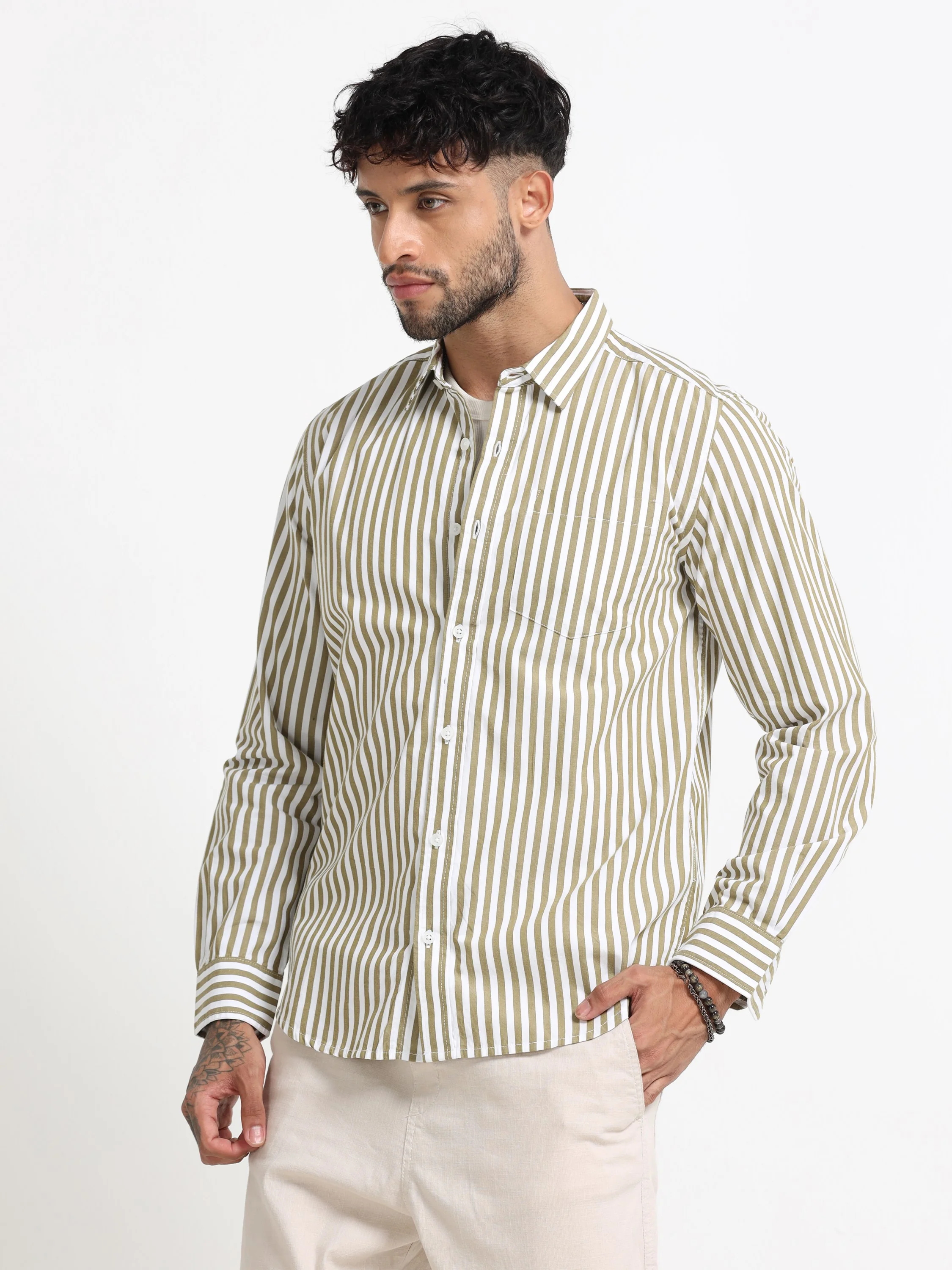 Men Olive & White Stripe Shirt - Image 8