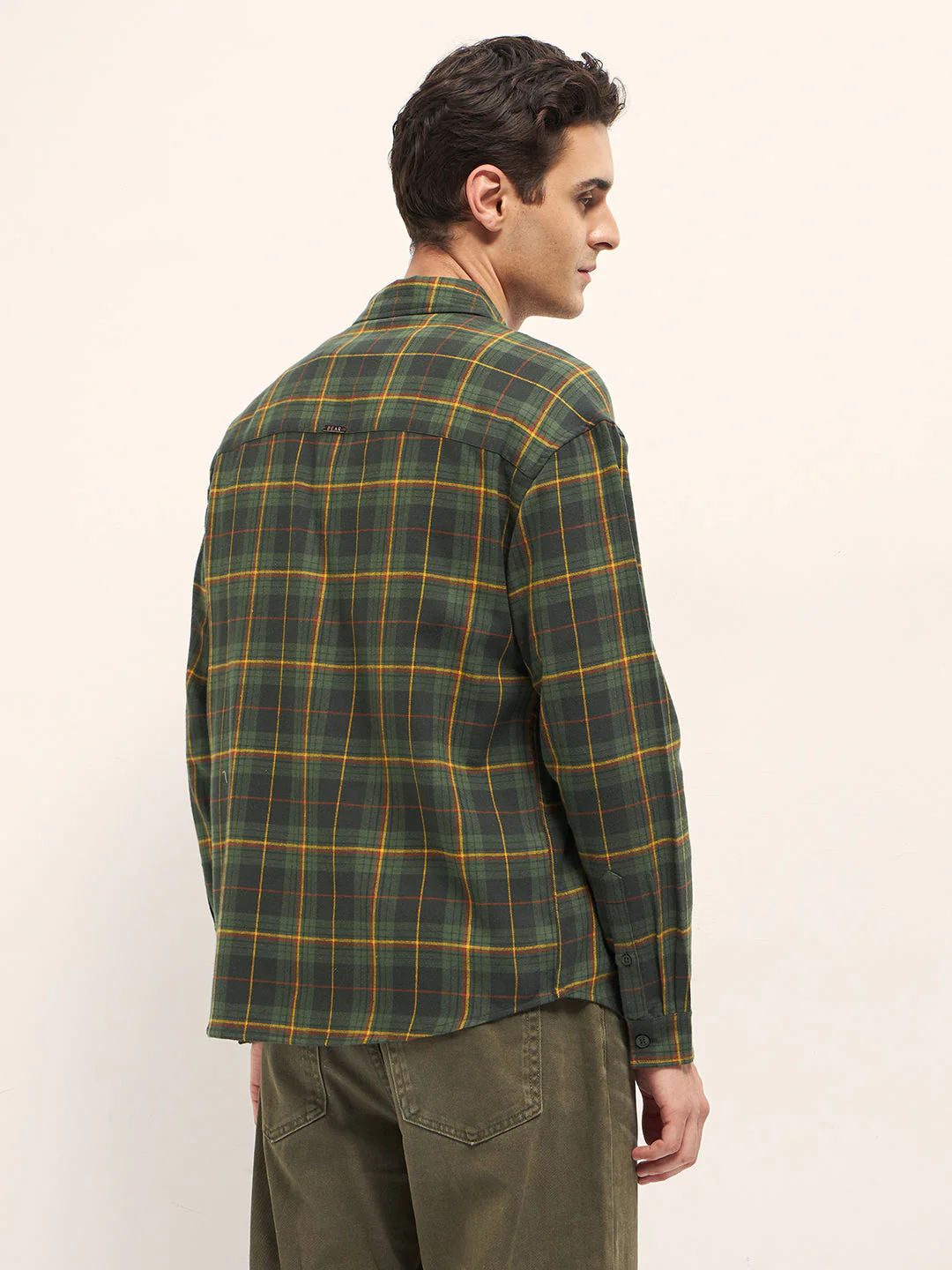 Men Olive Woven Checked Design Relax Fit Overshirt - Image 2