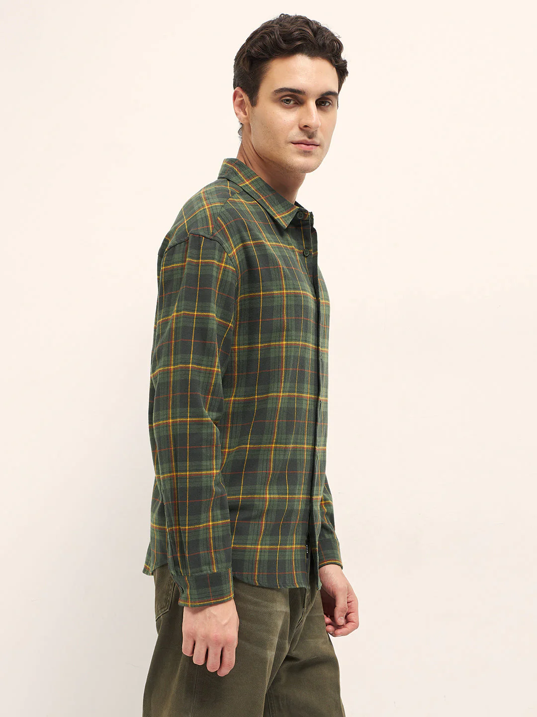 Men Olive Woven Checked Design Relax Fit Overshirt - Image 3