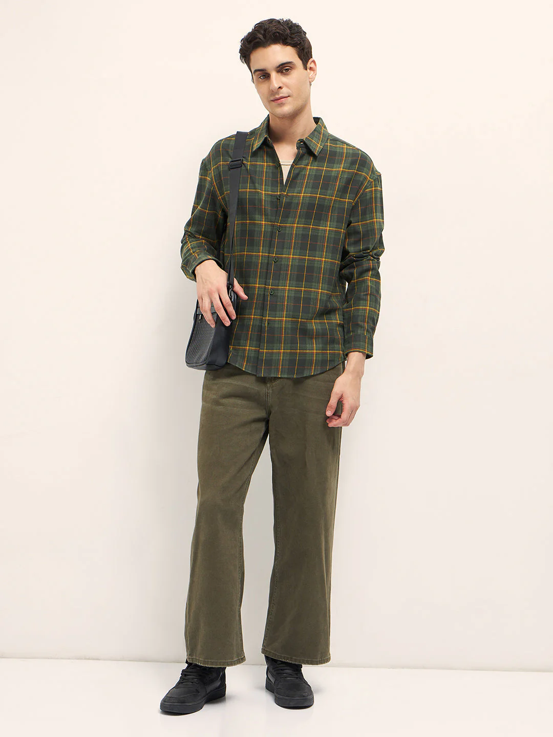 Men Olive Woven Checked Design Relax Fit Overshirt - Image 4