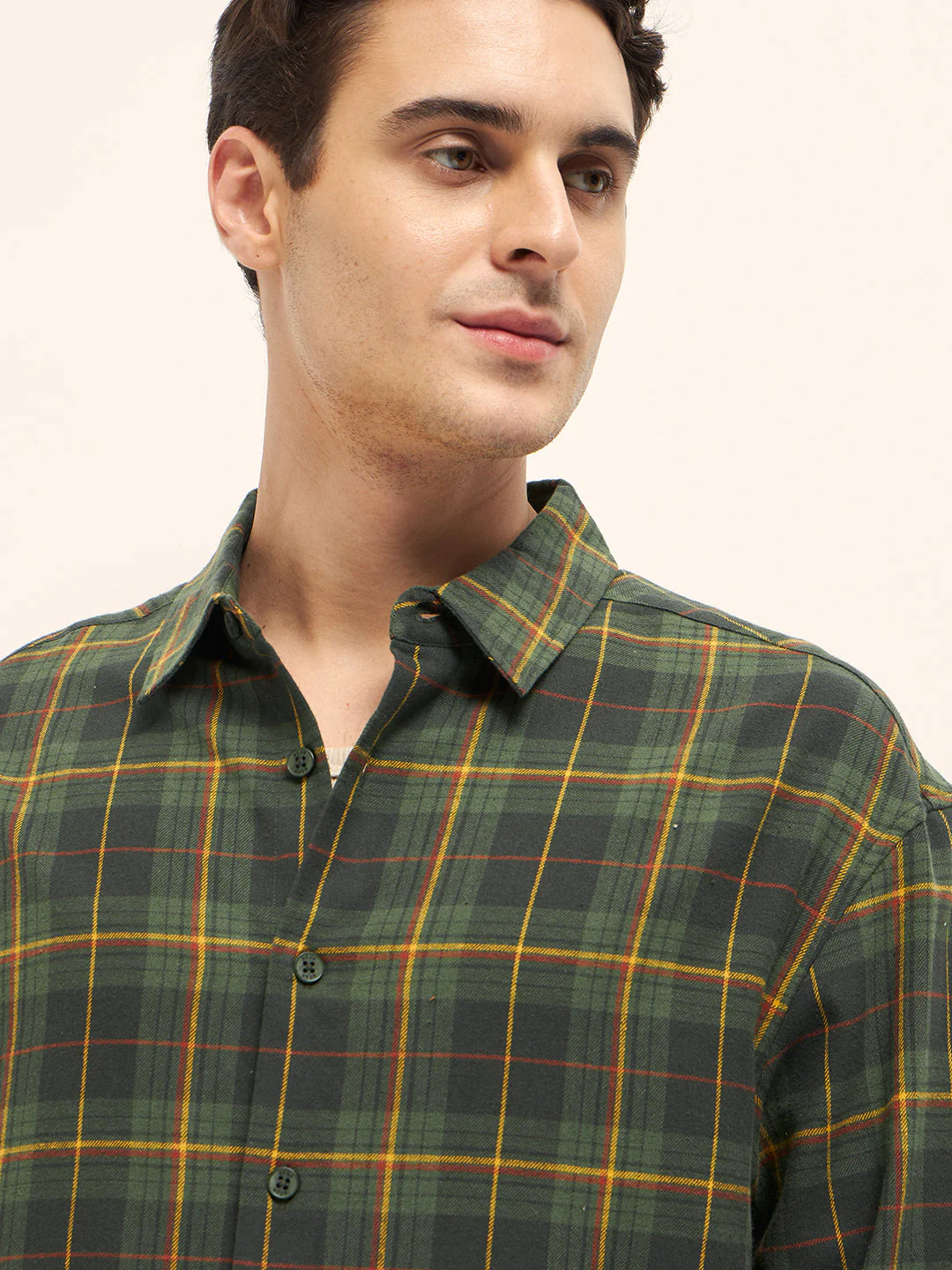 Men Olive Woven Checked Design Relax Fit Overshirt - Image 5