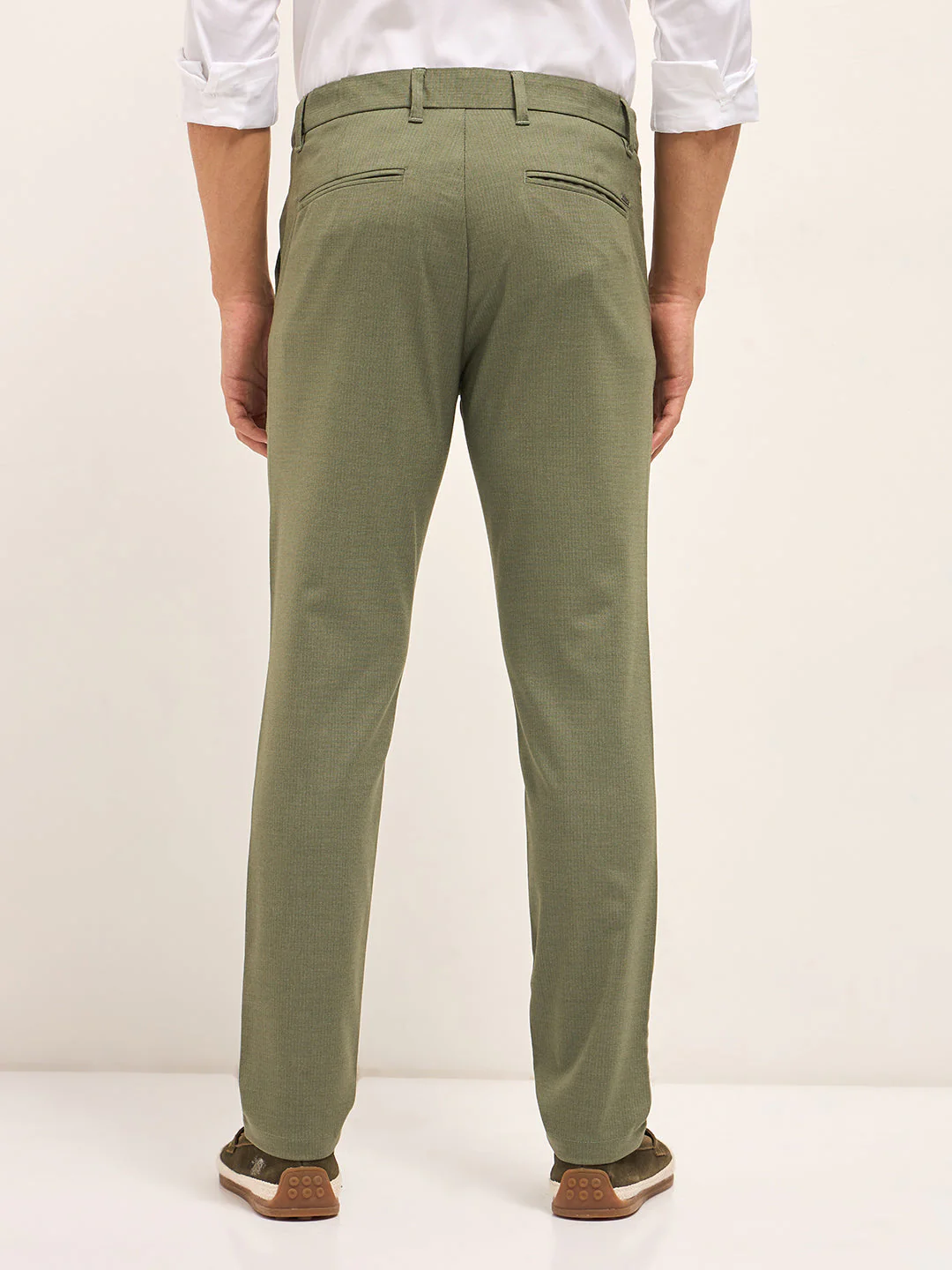 Men Olive Woven Pinstripe Slim Fit Formal Trousers - Image 2