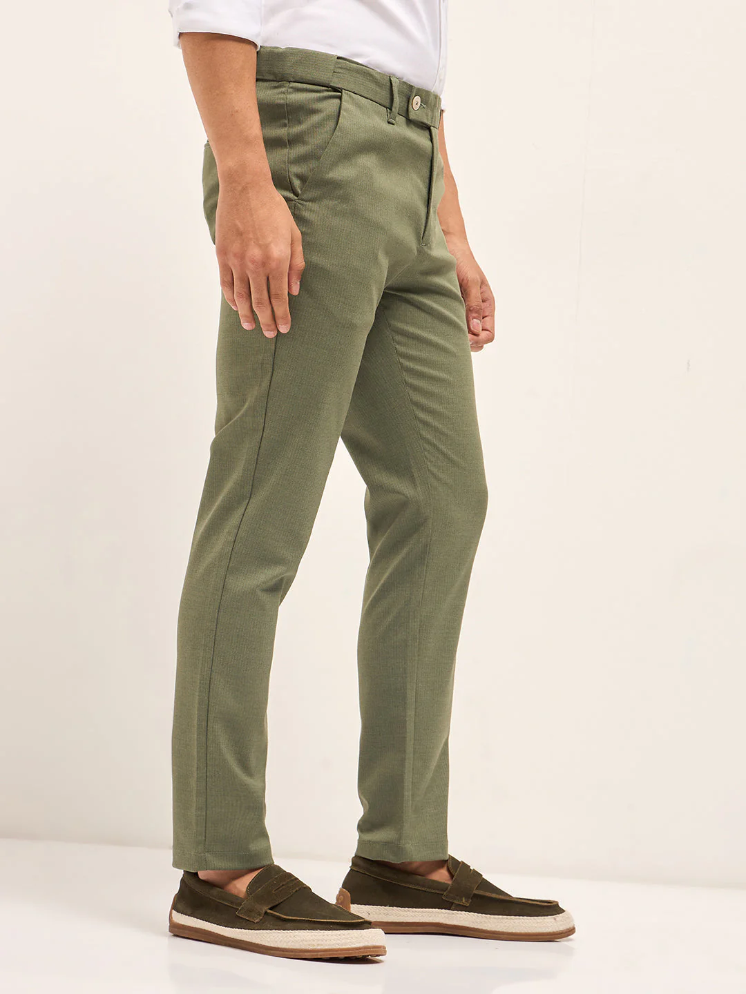 Men Olive Woven Pinstripe Slim Fit Formal Trousers - Image 3