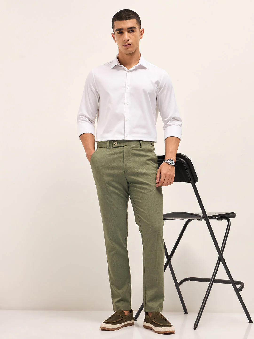 Men Olive Woven Pinstripe Slim Fit Formal Trousers - Image 4