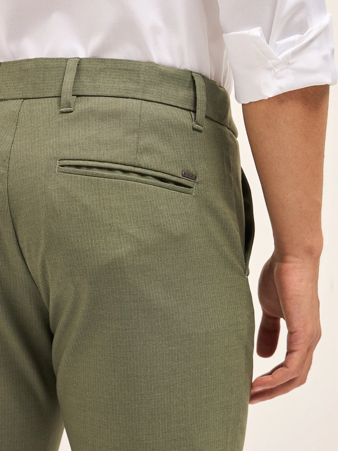 Men Olive Woven Pinstripe Slim Fit Formal Trousers - Image 6