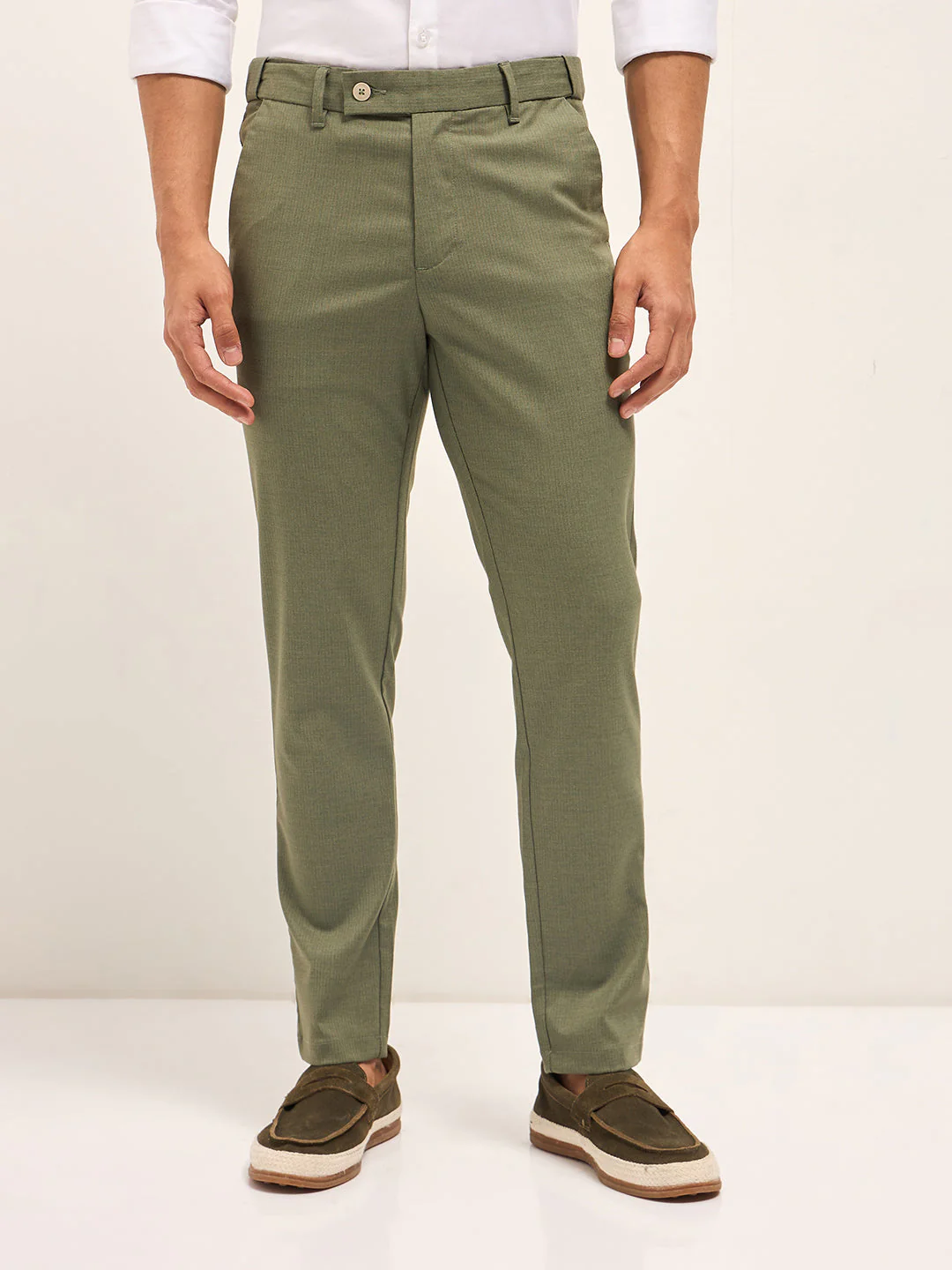 Men Olive Woven Pinstripe Slim Fit Formal Trousers - Image 7
