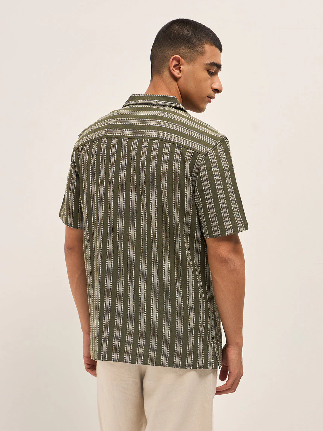 Men Olive Woven Stripes Regular Fit Casual Shirt - Image 2
