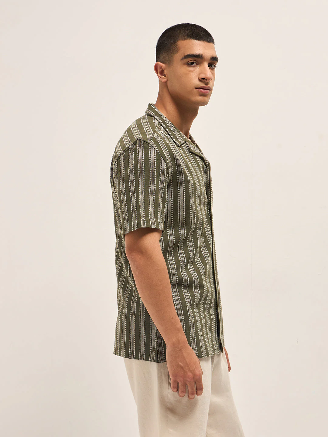 Men Olive Woven Stripes Regular Fit Casual Shirt - Image 3