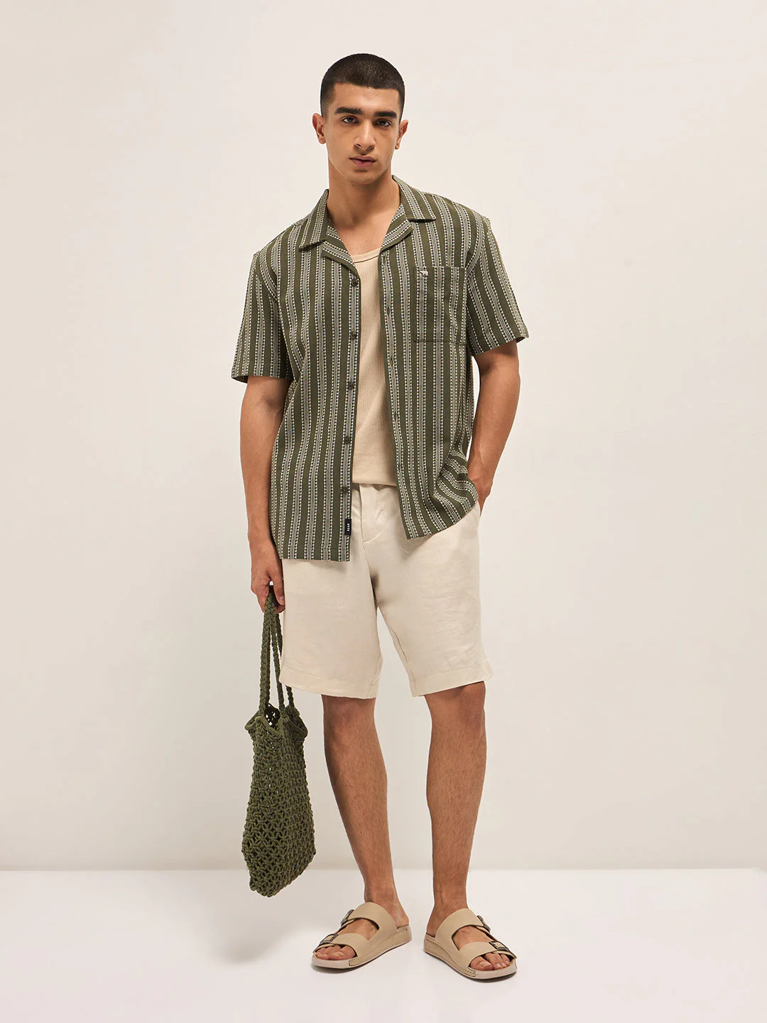 Men Olive Woven Stripes Regular Fit Casual Shirt - Image 4