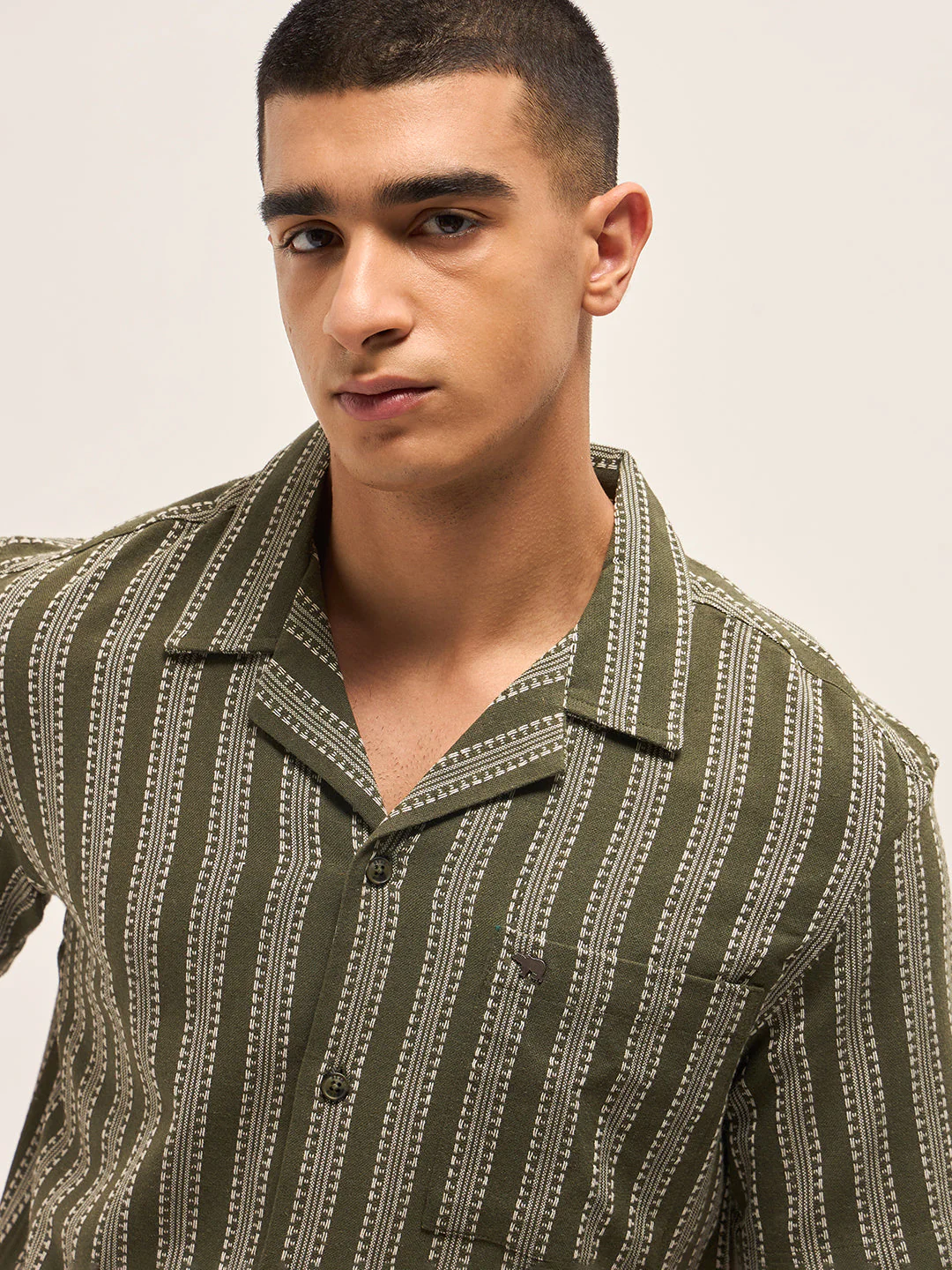 Men Olive Woven Stripes Regular Fit Casual Shirt - Image 5