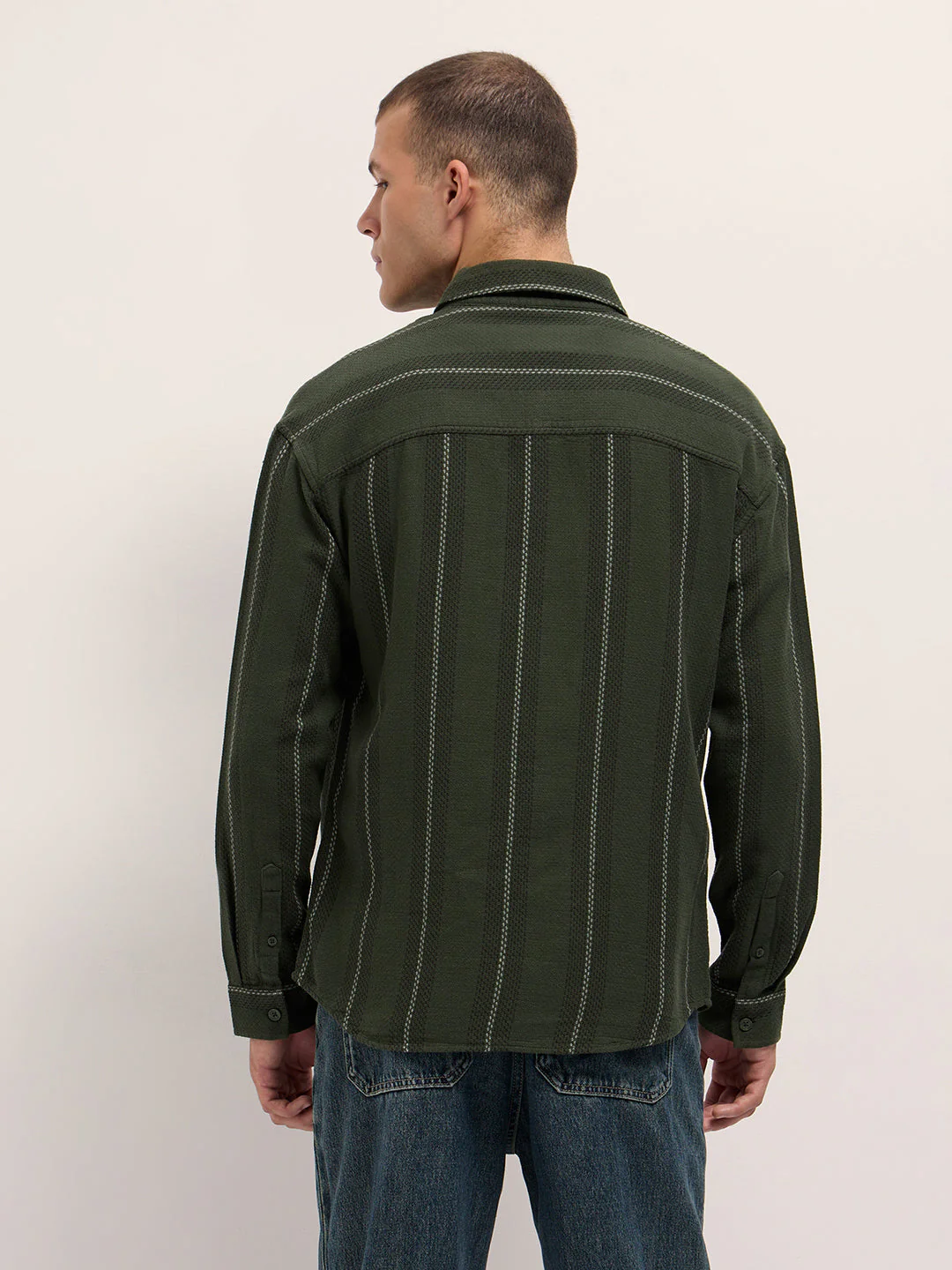 Men Olive Woven Vertical Stripes Design Relaxed Fit Overshirt - Image 2