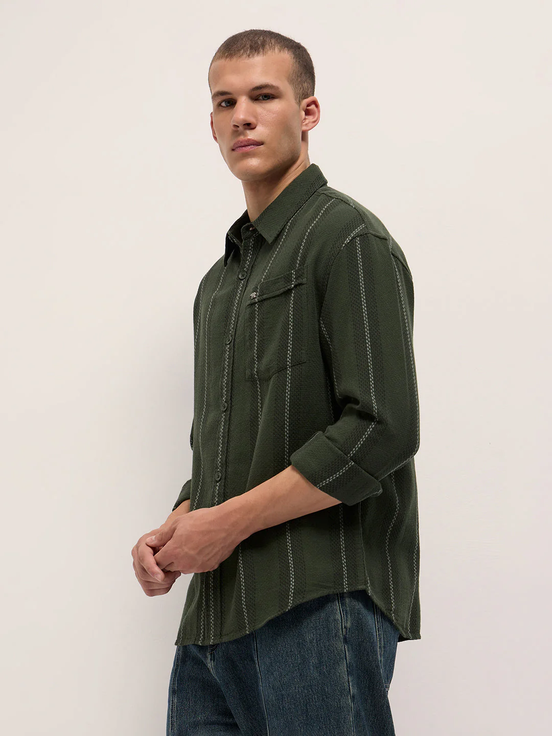 Men Olive Woven Vertical Stripes Design Relaxed Fit Overshirt - Image 3