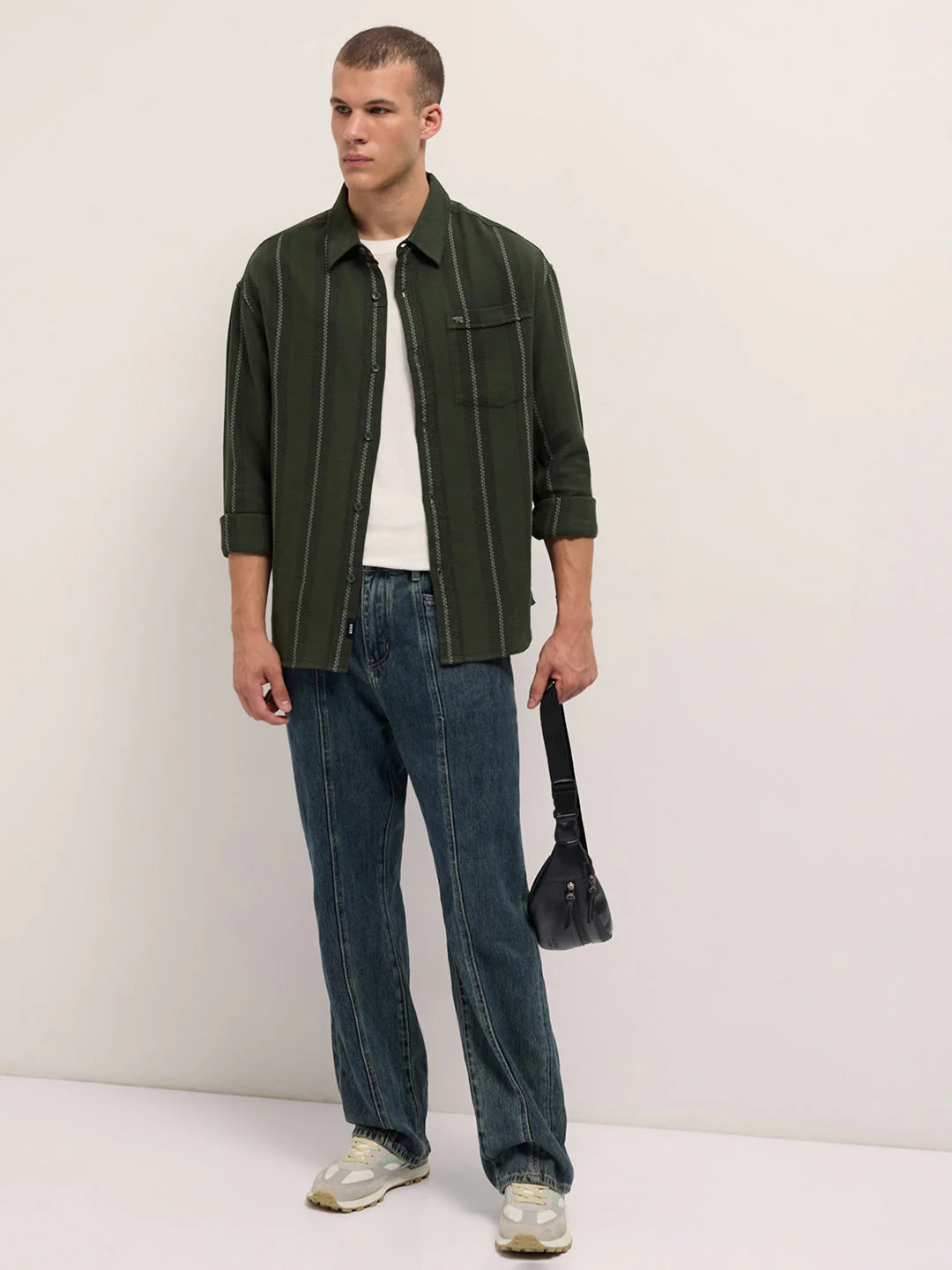 Men Olive Woven Vertical Stripes Design Relaxed Fit Overshirt - Image 4