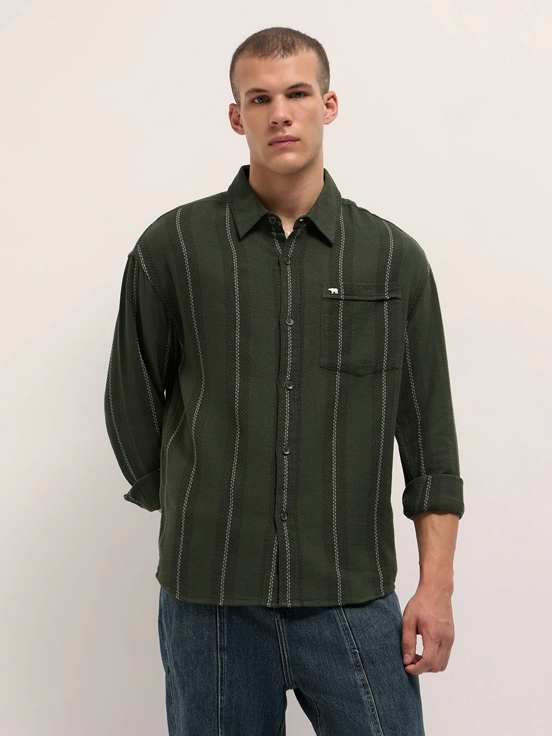 Men Olive Woven Vertical Stripes Design Relaxed Fit Overshirt - Image 6