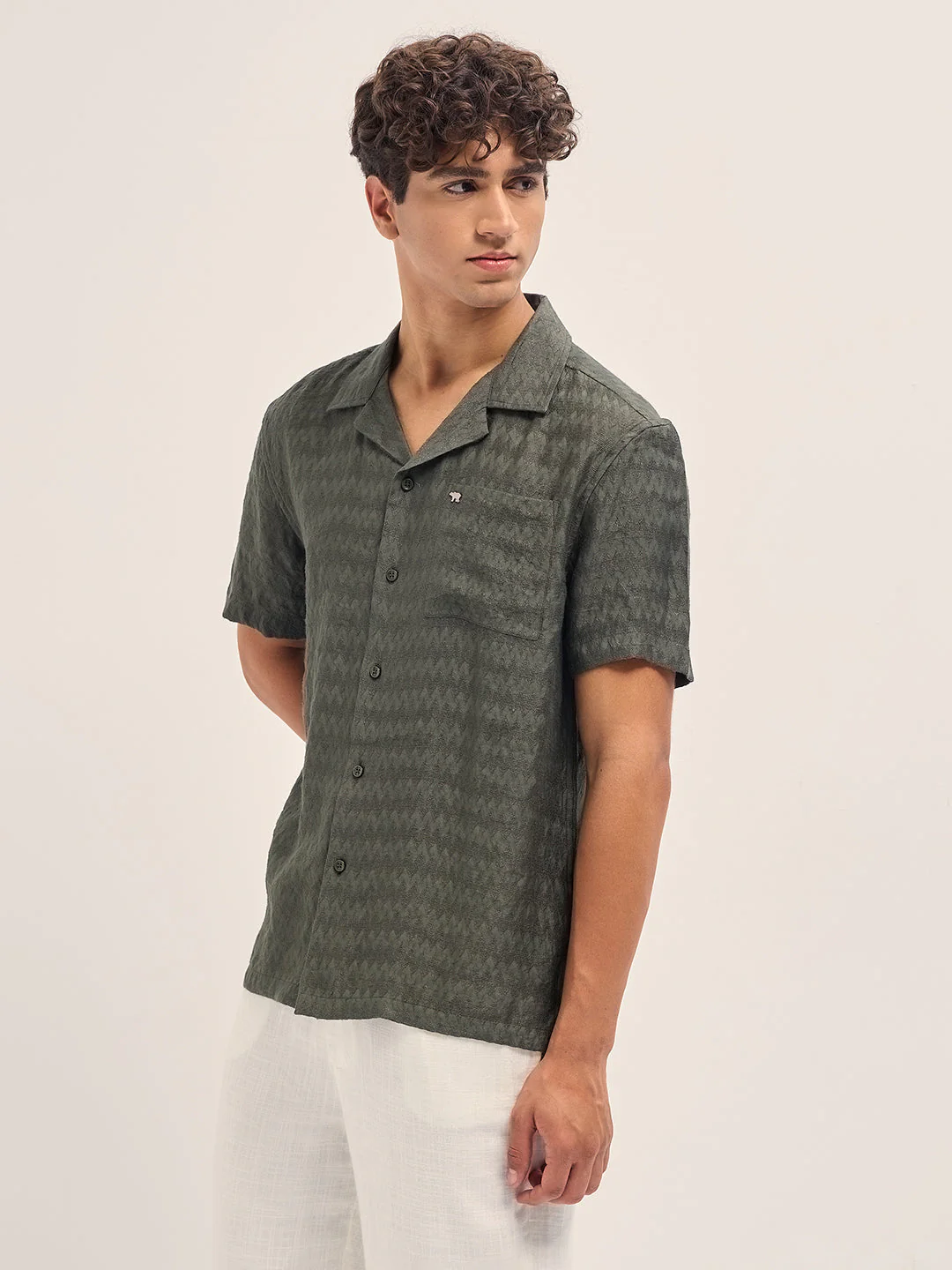 Men Olive Zigzag Textured Weave Relaxed Fit Half Sleeve Casual Shirt - Image 3