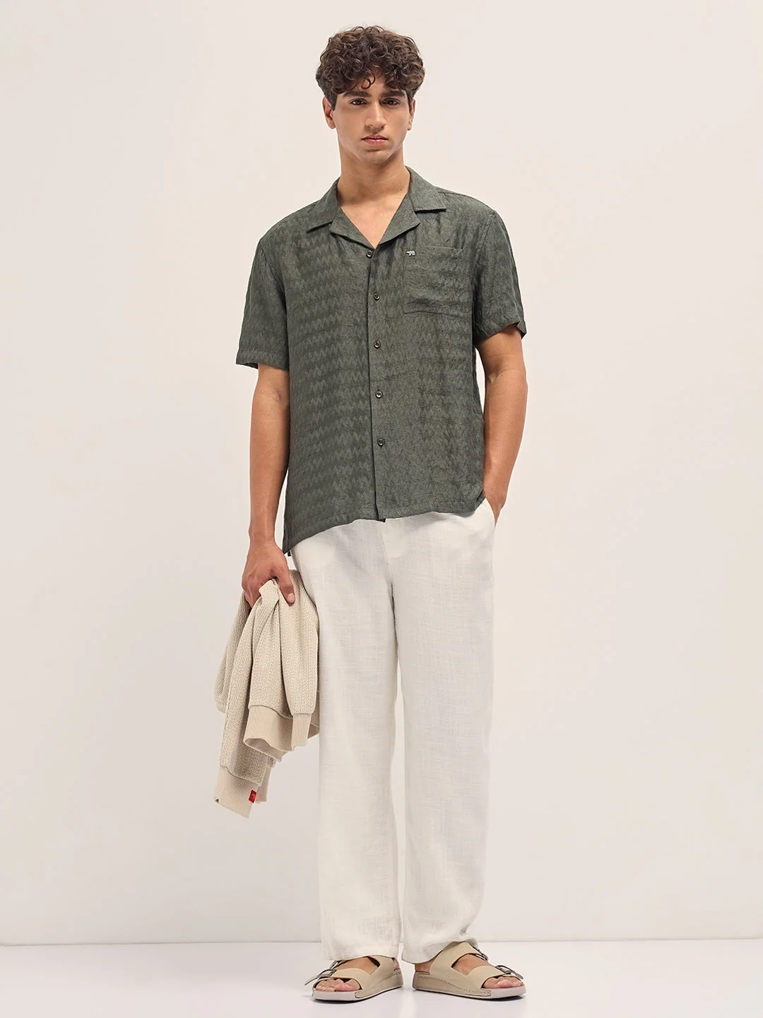 Men Olive Zigzag Textured Weave Relaxed Fit Half Sleeve Casual Shirt - Image 4