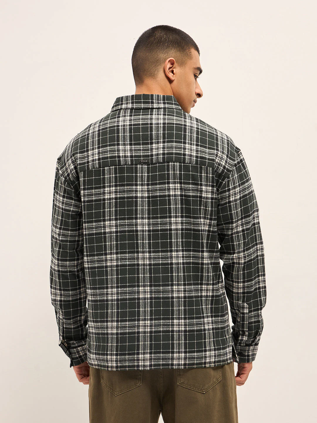 Men OliveWhite Tartan Check Relaxed Fit Shacket - Image 2