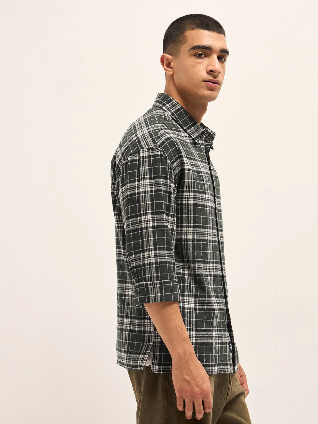 Men OliveWhite Tartan Check Relaxed Fit Shacket - Image 3
