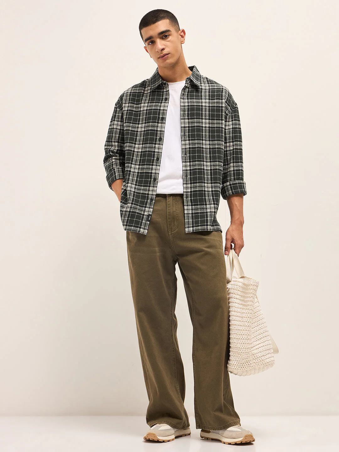 Men OliveWhite Tartan Check Relaxed Fit Shacket - Image 4