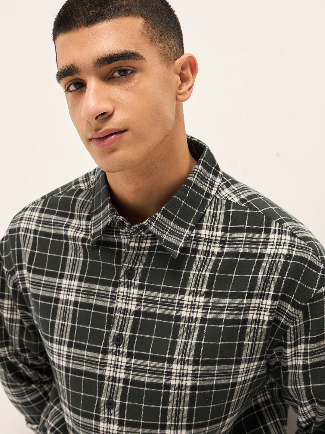 Men OliveWhite Tartan Check Relaxed Fit Shacket - Image 5