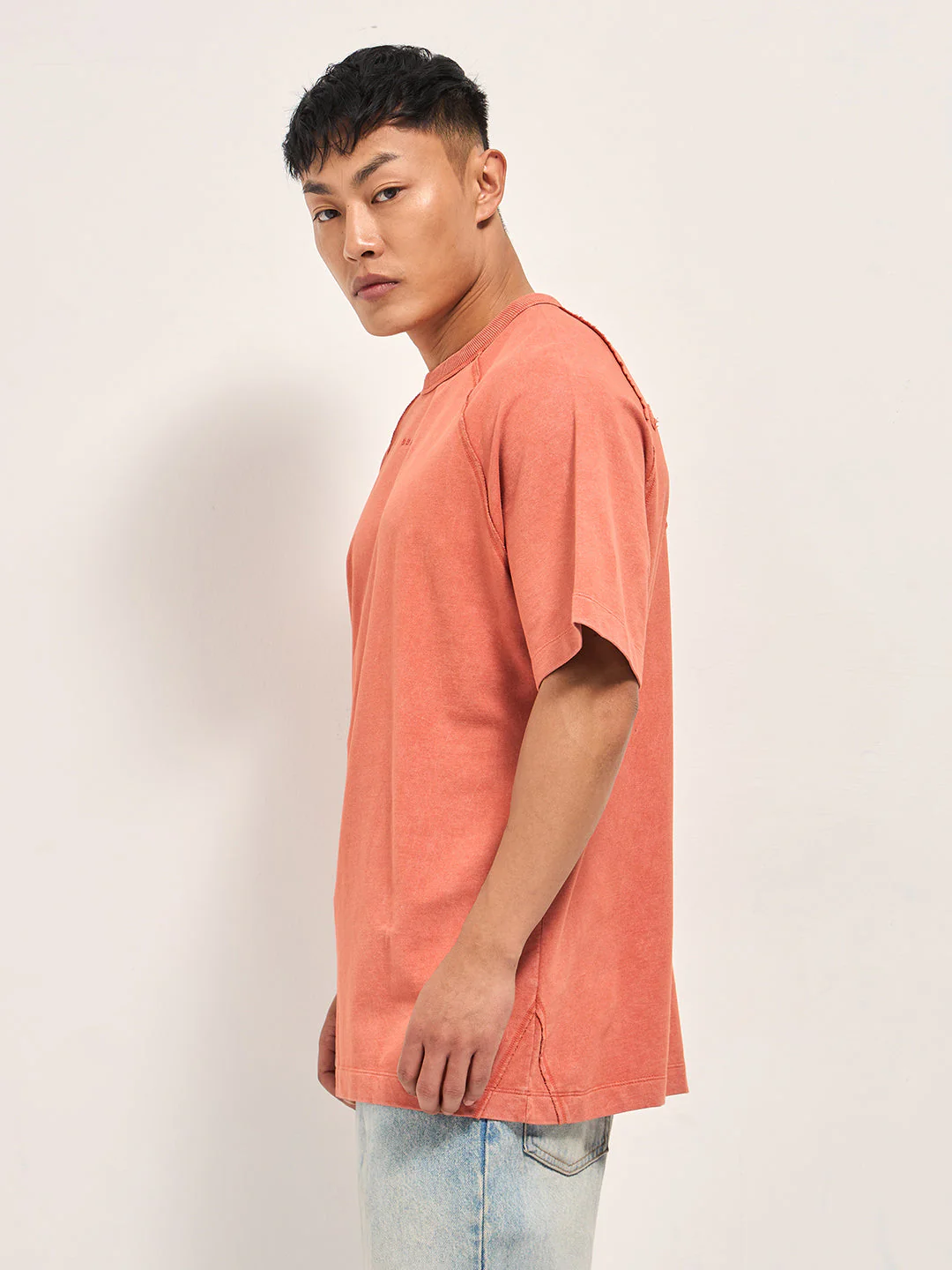 Men Orange Acid Wash Oversized T-Shirt - Image 2