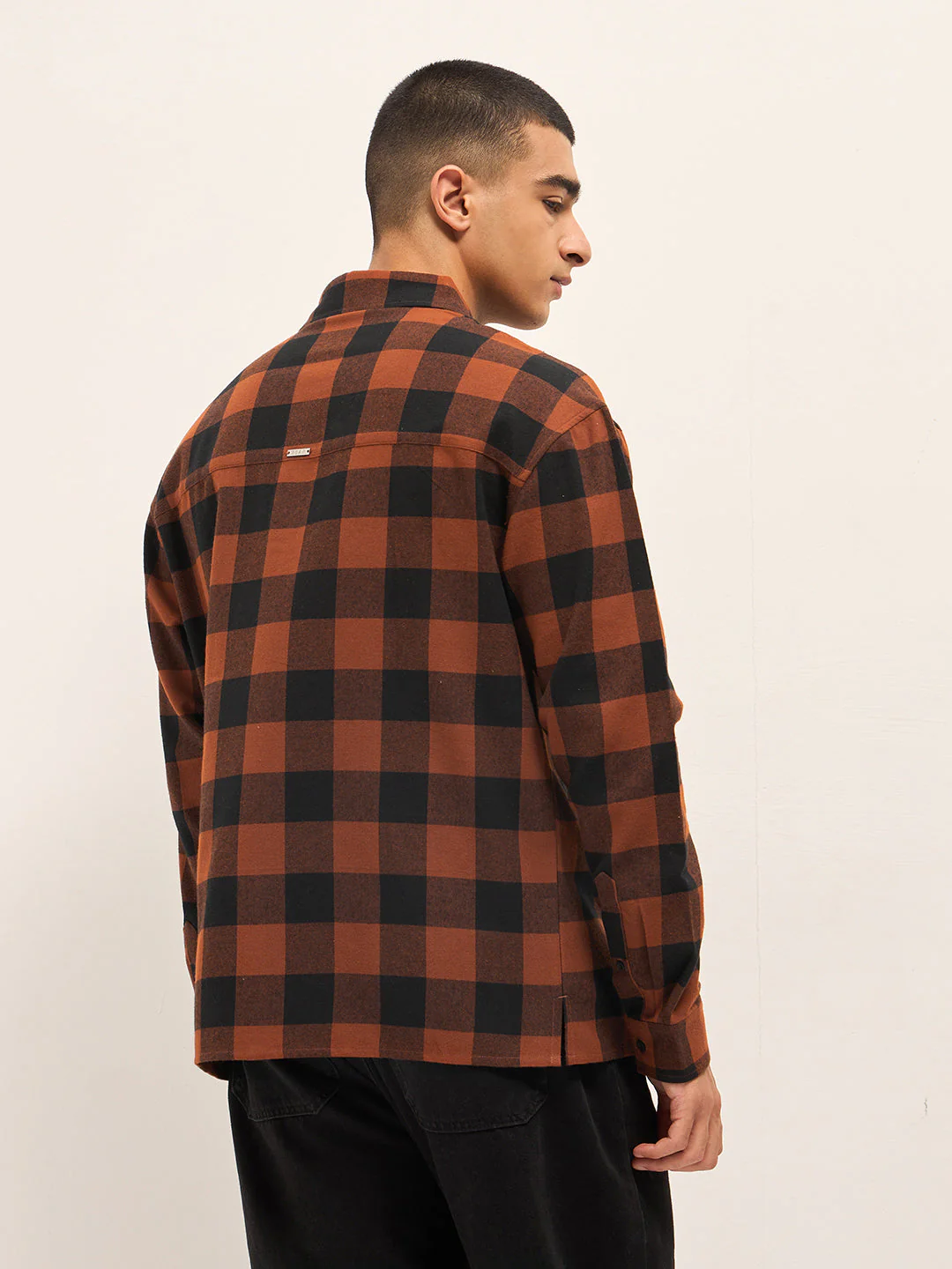 Men Orange & Black Checked Relaxed Fit Shacket - Image 2