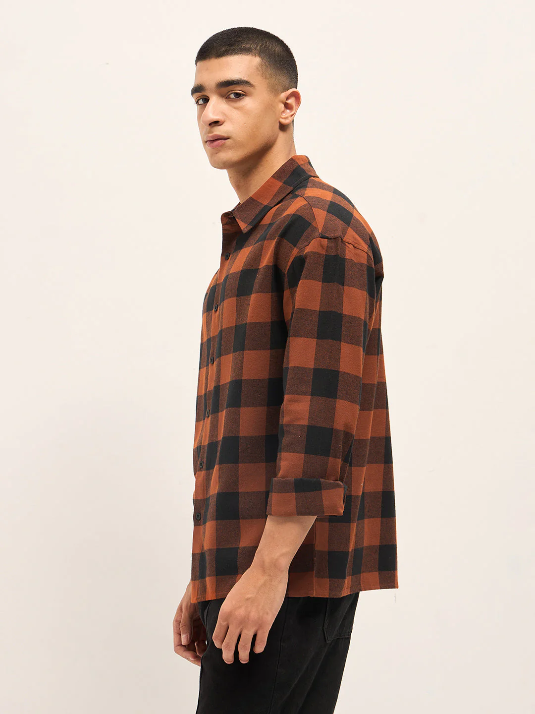 Men Orange & Black Checked Relaxed Fit Shacket - Image 3