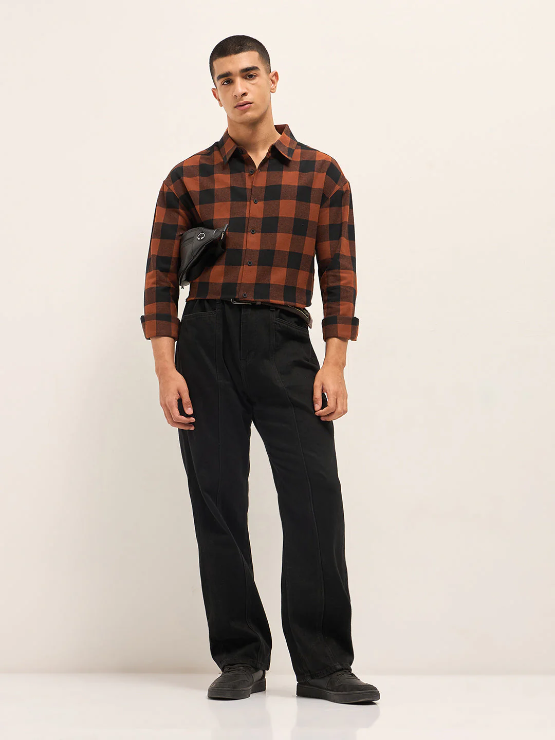 Men Orange & Black Checked Relaxed Fit Shacket - Image 4