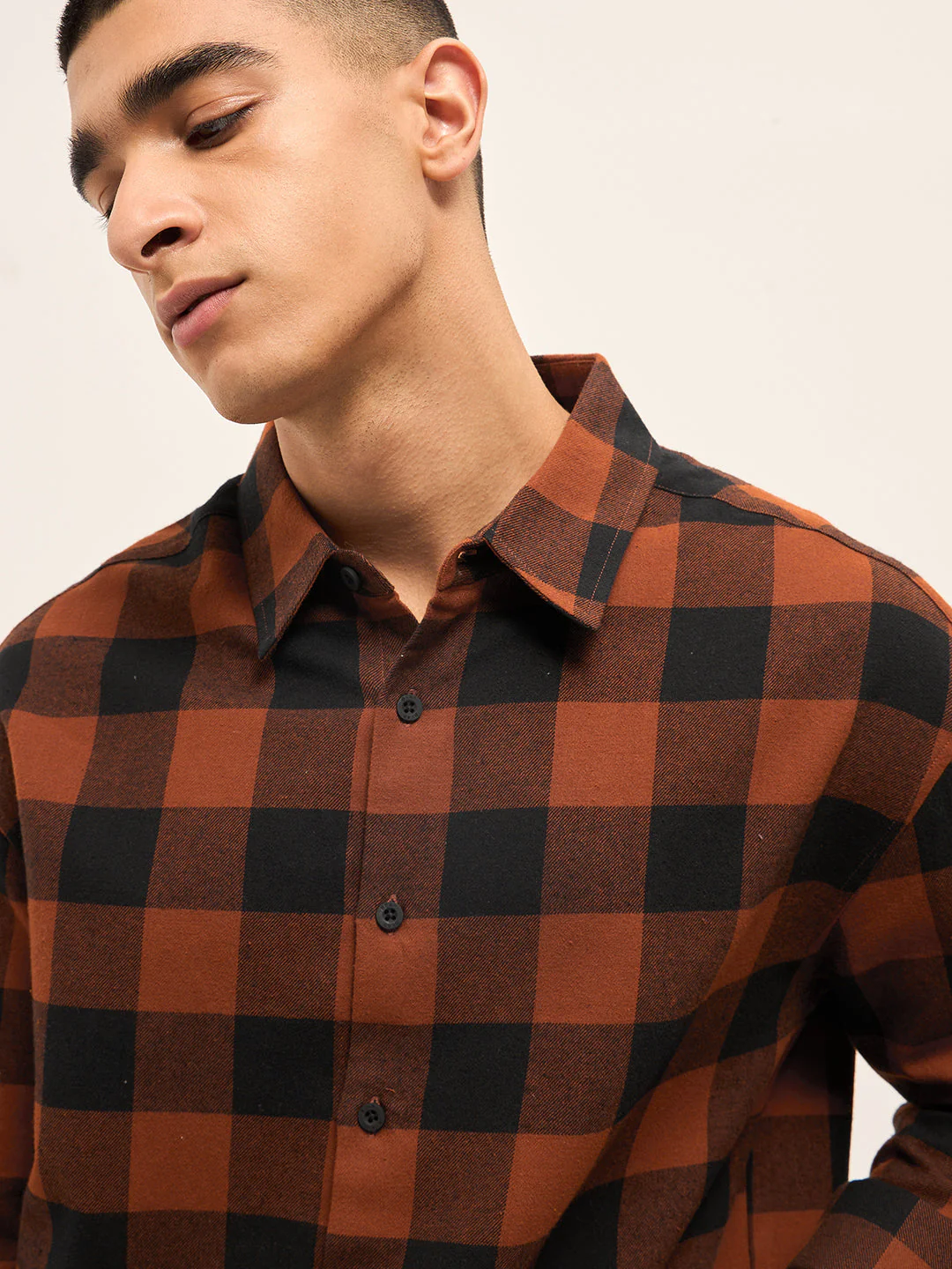 Men Orange & Black Checked Relaxed Fit Shacket - Image 5