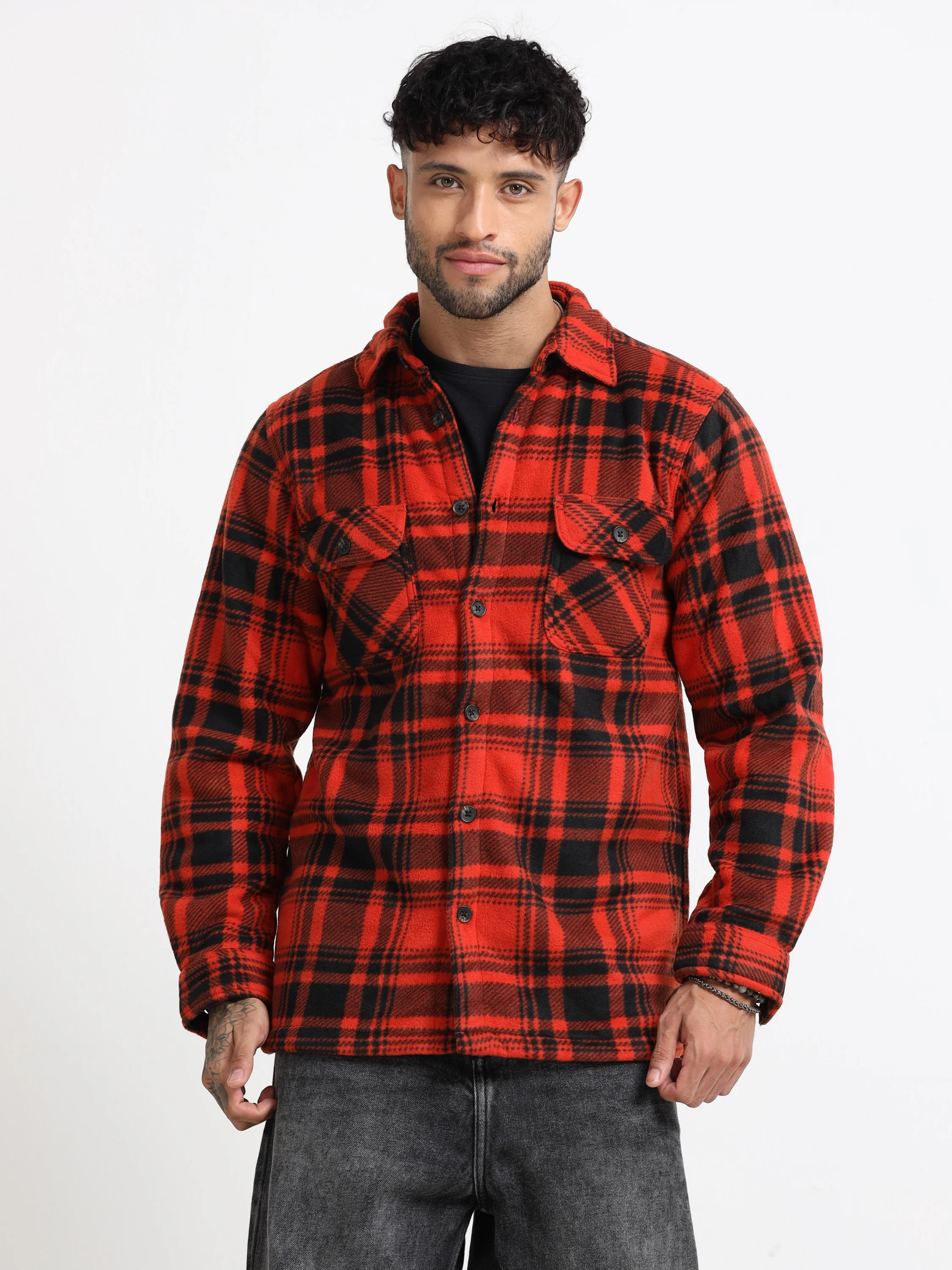 Men Orange Polar Fleece Shacket - Image 6