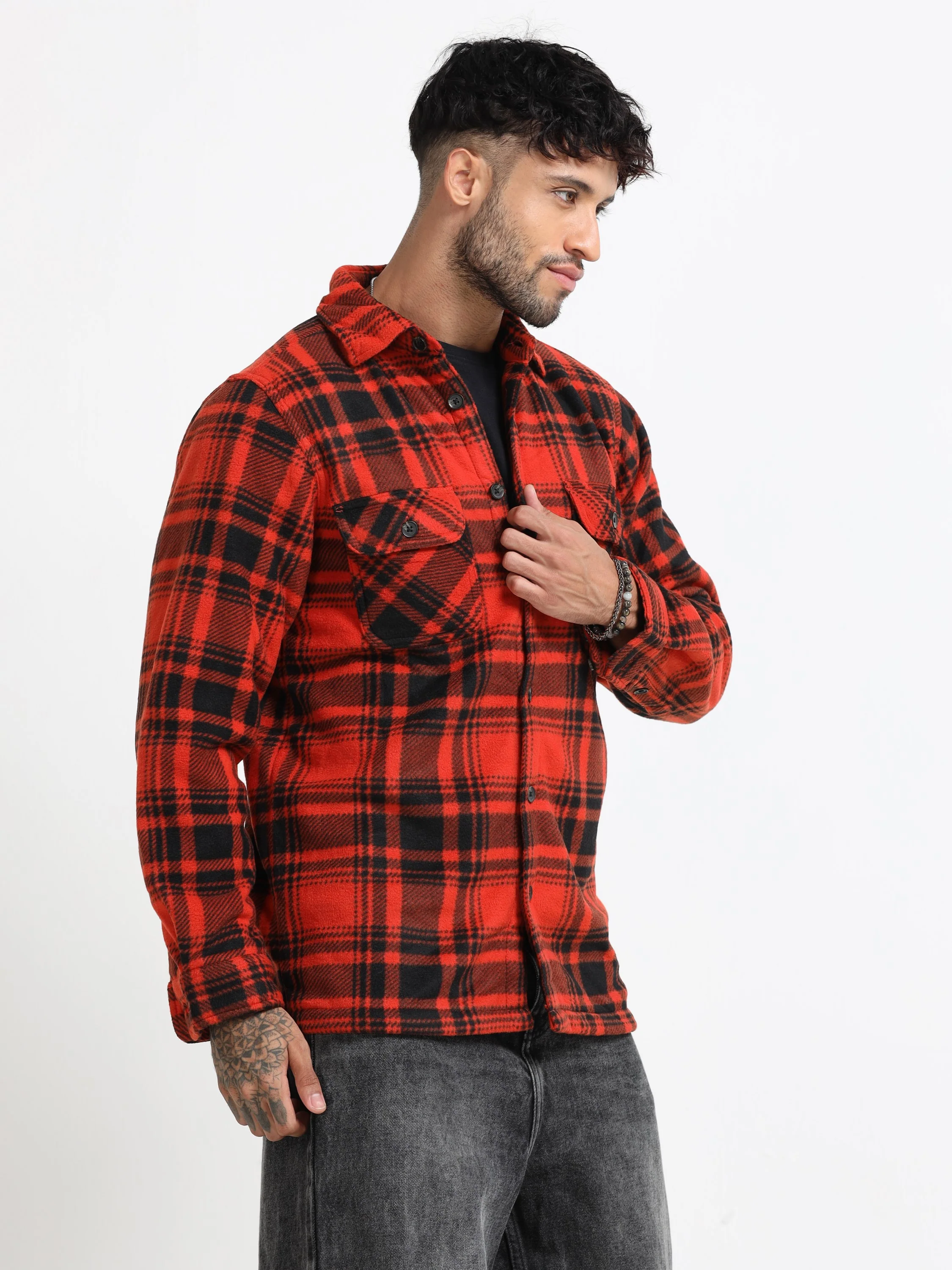 Men Orange Polar Fleece Shacket - Image 7
